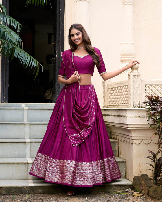 Pure Chanderi Plain Lehenga Choli with Zari Work Border & Sequin Embellished Dupatta - SEEANS