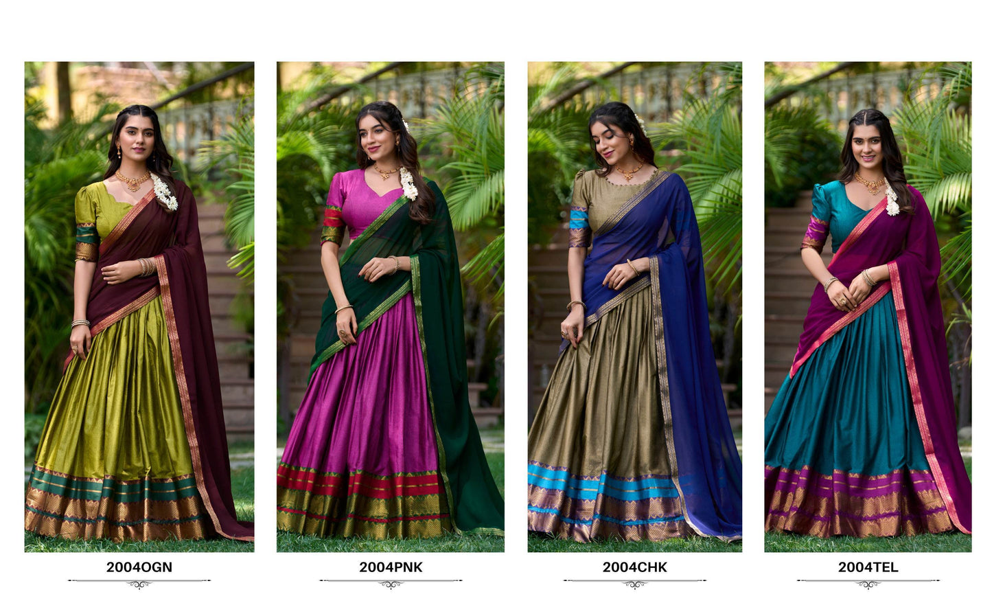 Traditional South Style Poly Cotton Half Saree with Georgette Dupatta – Elegant Wedding & Festival Wear - SEEANS