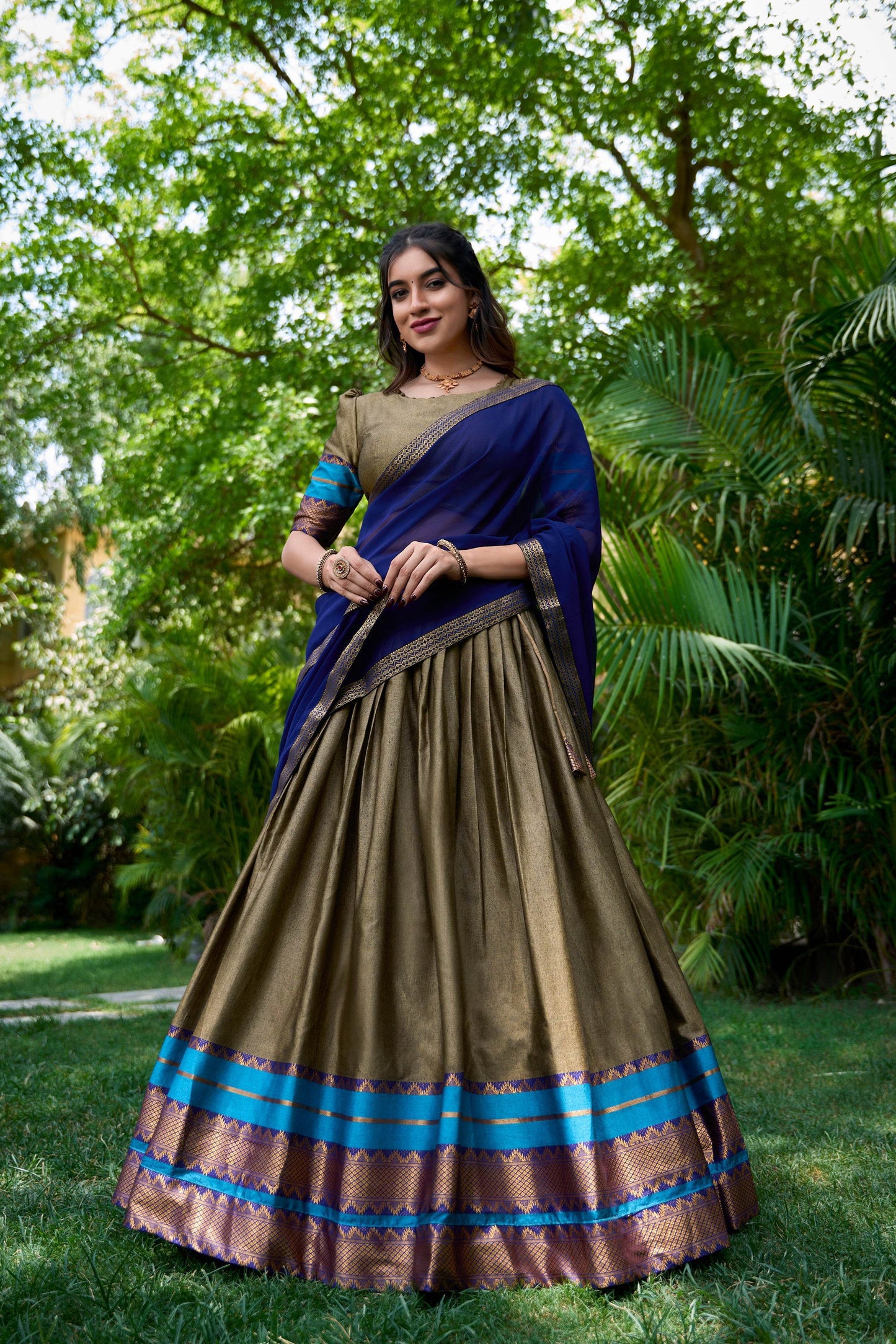 Traditional South Style Poly Cotton Half Saree with Georgette Dupatta – Elegant Wedding & Festival Wear - SEEANS