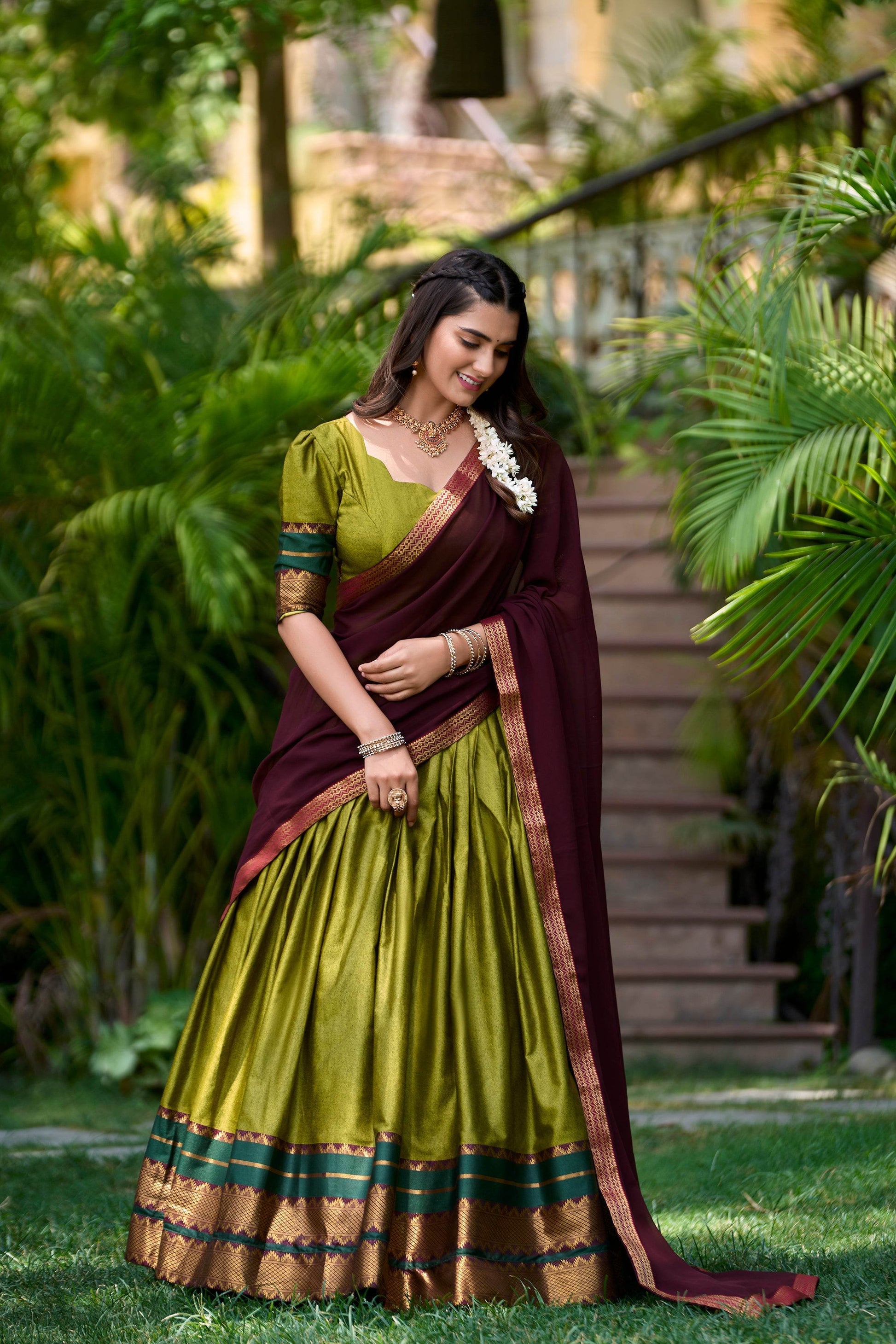 Traditional South Style Poly Cotton Half Saree with Georgette Dupatta – Elegant Wedding & Festival Wear - SEEANS