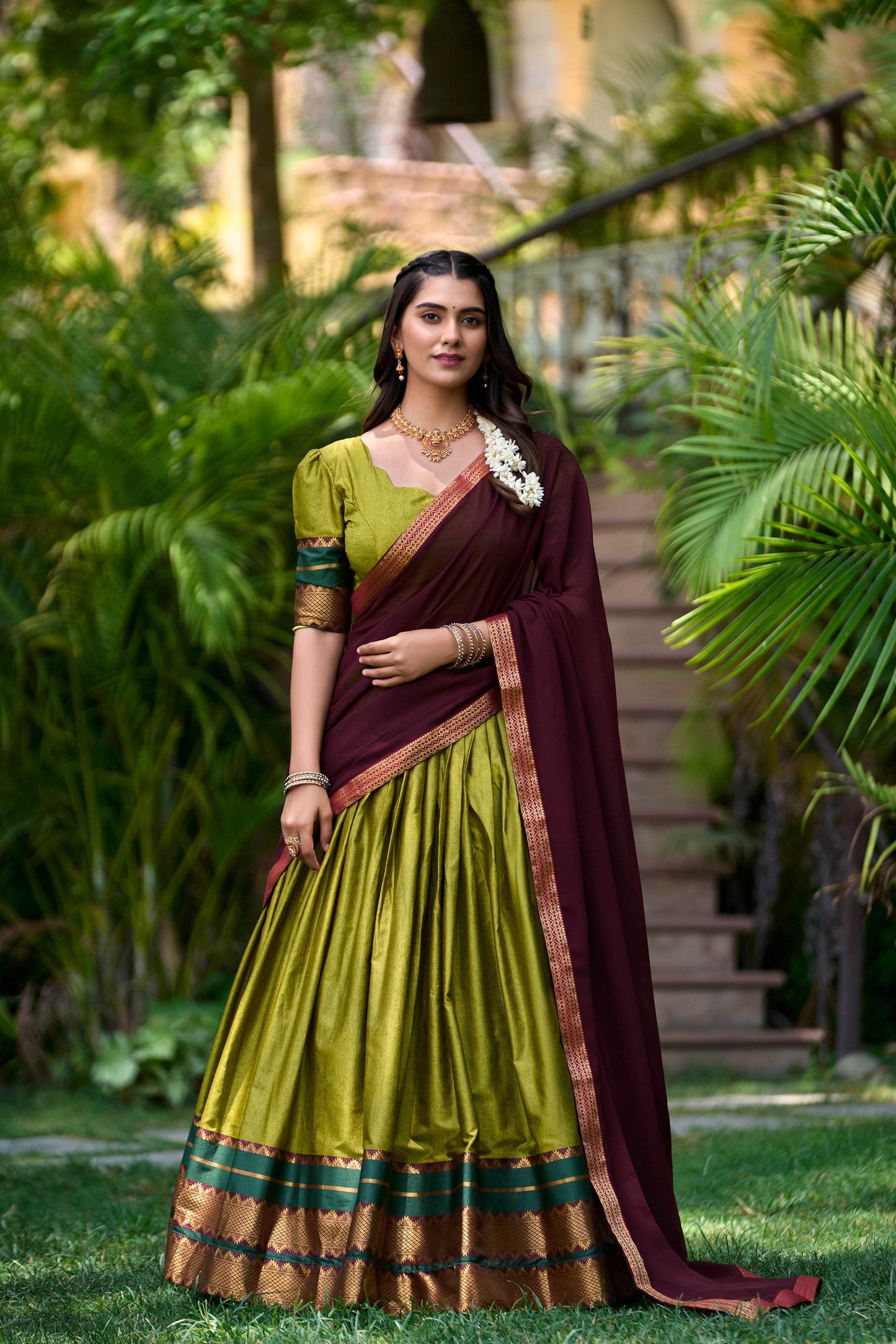 Traditional South Style Poly Cotton Half Saree with Georgette Dupatta – Elegant Wedding & Festival Wear - SEEANS