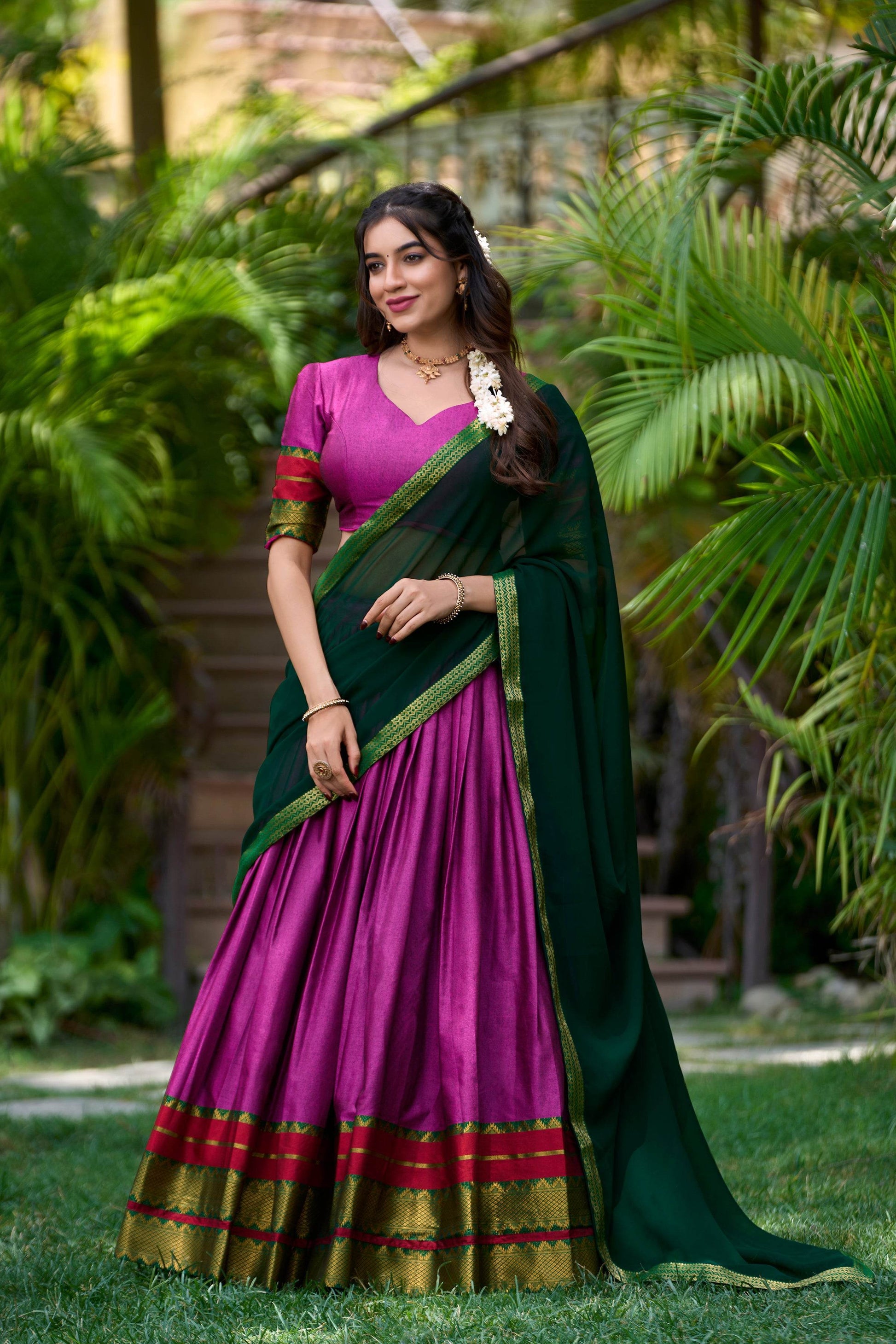 Traditional South Style Poly Cotton Half Saree with Georgette Dupatta – Elegant Wedding & Festival Wear - SEEANS