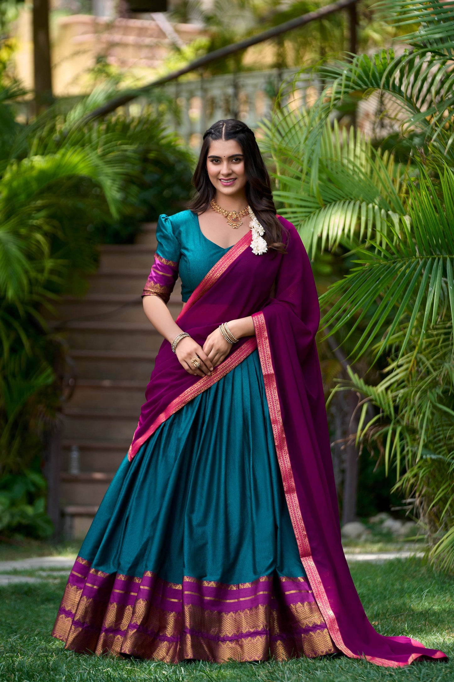 Traditional South Style Poly Cotton Half Saree with Georgette Dupatta – Elegant Wedding & Festival Wear - SEEANS