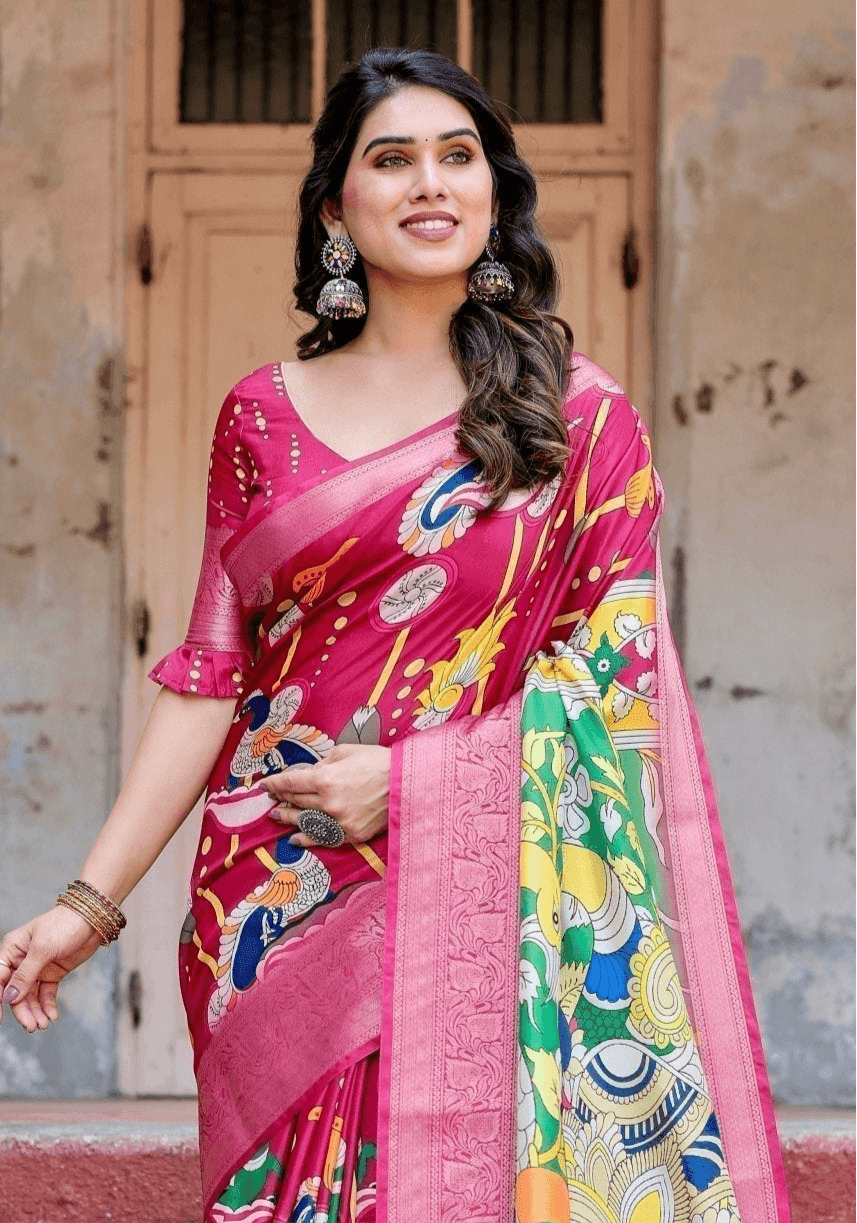 Magenta Tussar Silk Saree with Artistic Peacock & Floral Kalamkari Design - SEEANS