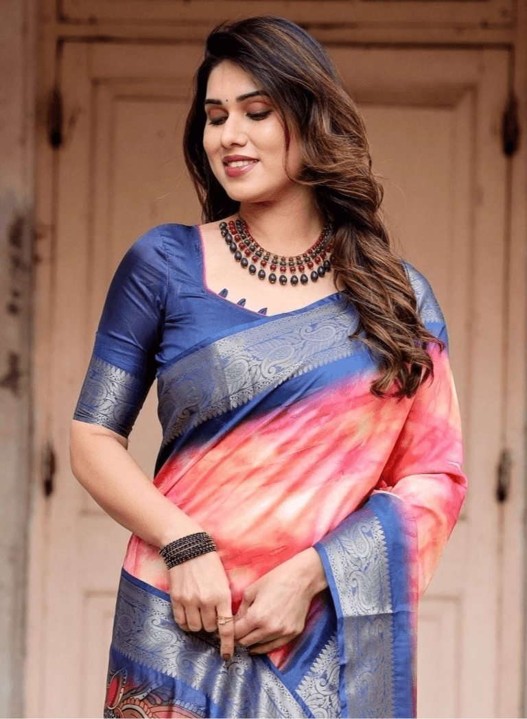 Pink and Blue Digital Printed Saree with Peacock Motif and Tassel Detail - SEEANS