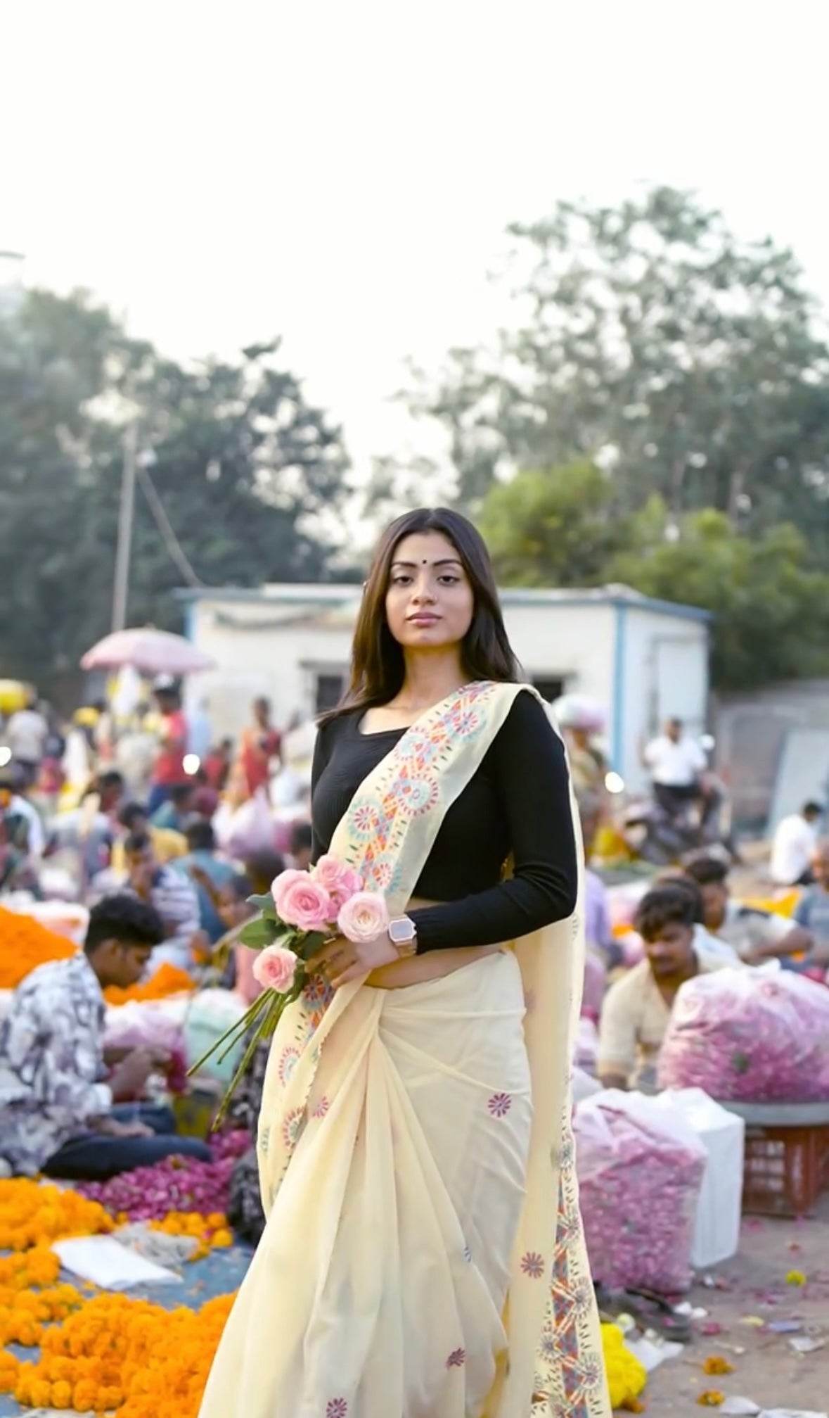 Pastel Cream Printed Crepe Silk Saree with Black Blouse - SEEANS