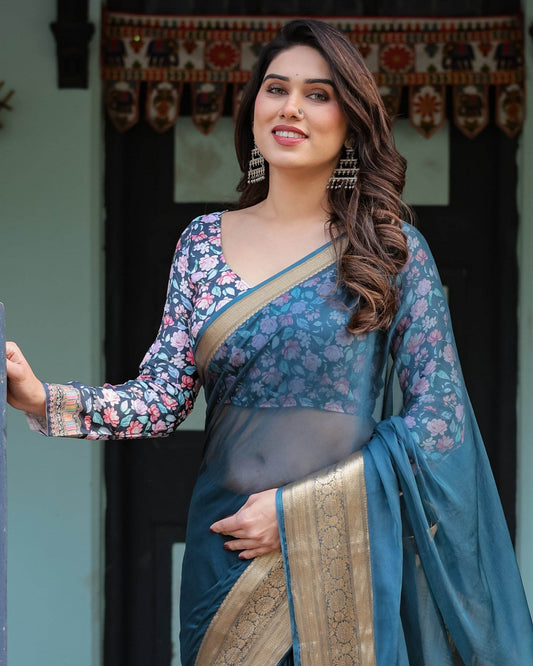 Teal Blue Plain Chiffon Saree with Gold Zari Border, Floral Printed Blouse & Tassel Detailing - SEEANS