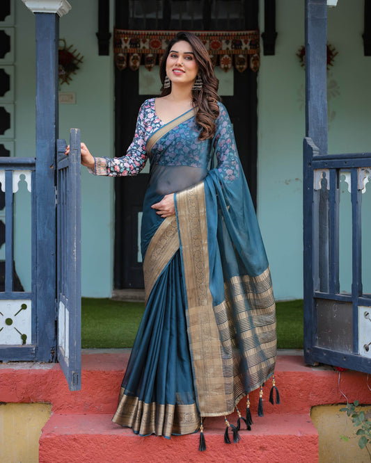 Teal Blue Plain Chiffon Saree with Gold Zari Border, Floral Printed Blouse & Tassel Detailing - SEEANS