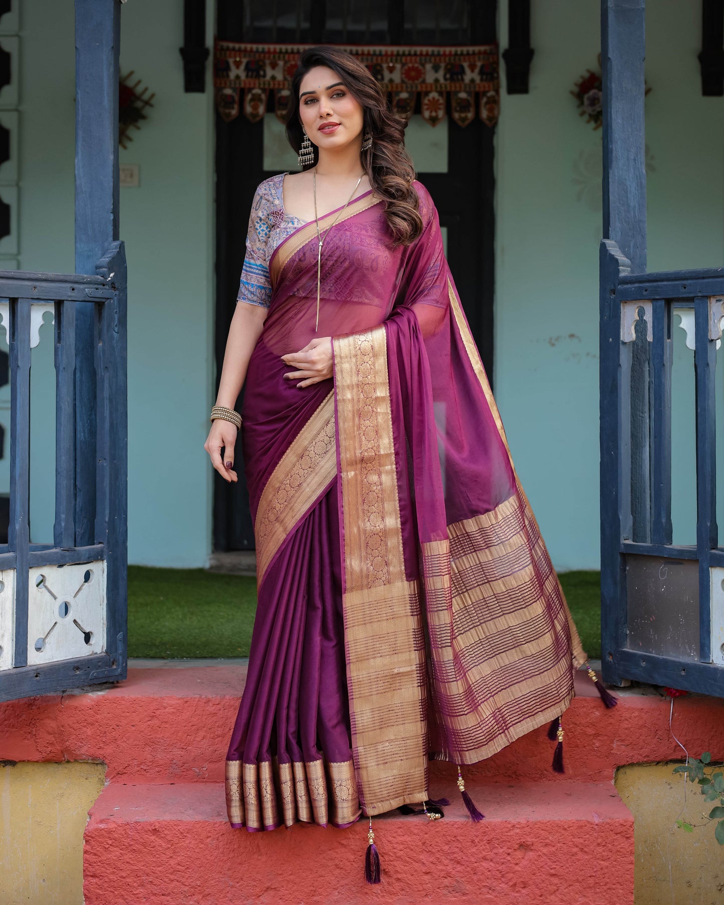 Majestic Plum Plain Chiffon Saree with Gold Zari Border, Printed Designer Blouse & Tassel Detailing - SEEANS