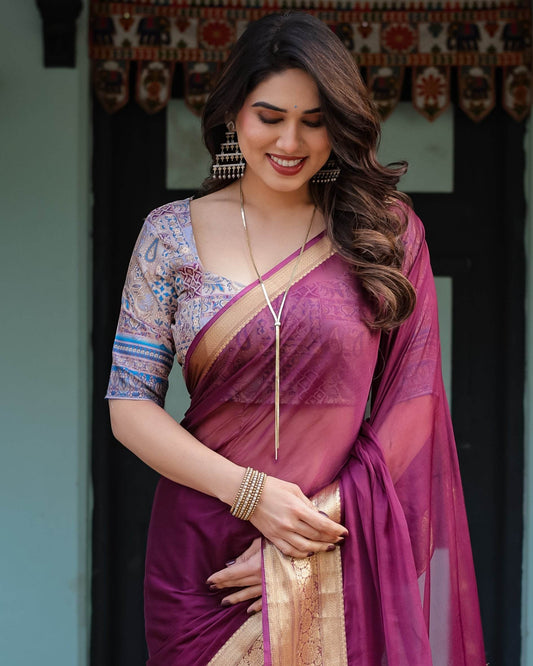 Majestic Plum Plain Chiffon Saree with Gold Zari Border, Printed Designer Blouse & Tassel Detailing - SEEANS