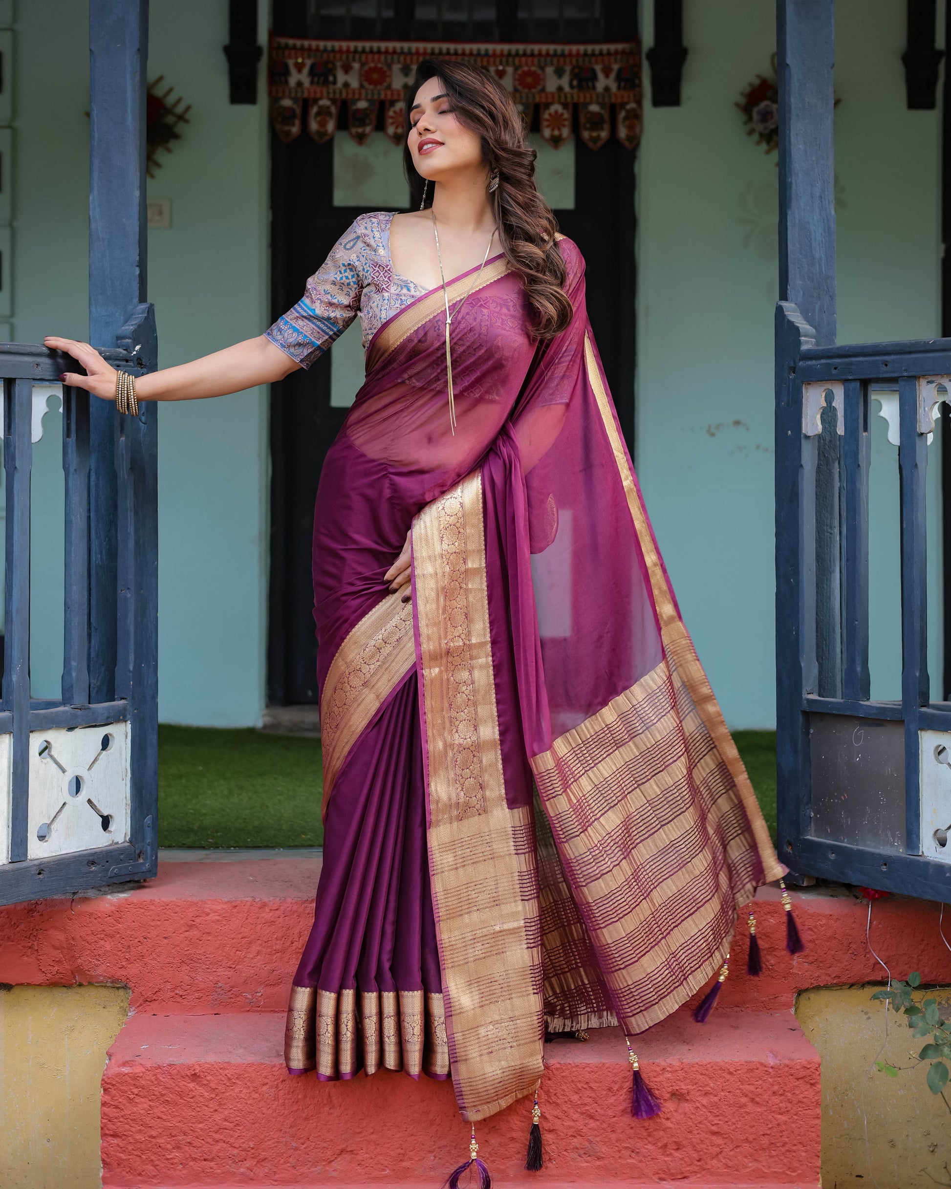 Majestic Plum Plain Chiffon Saree with Gold Zari Border, Printed Designer Blouse & Tassel Detailing - SEEANS