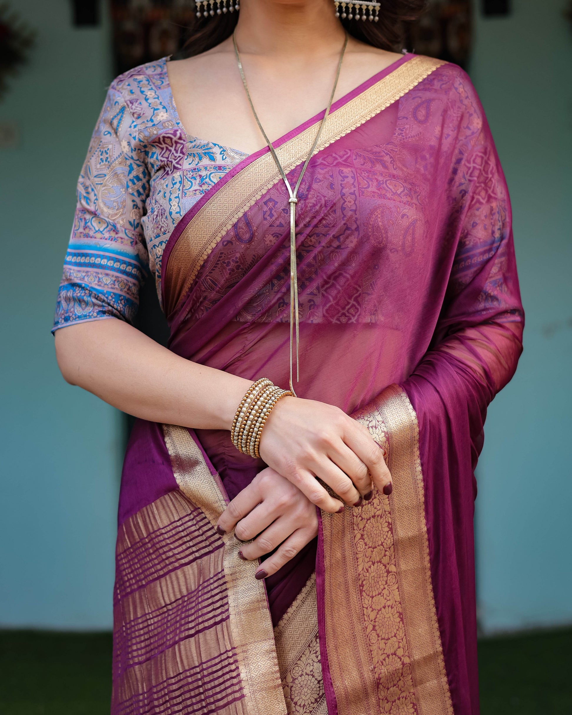 Majestic Plum Plain Chiffon Saree with Gold Zari Border, Printed Designer Blouse & Tassel Detailing - SEEANS