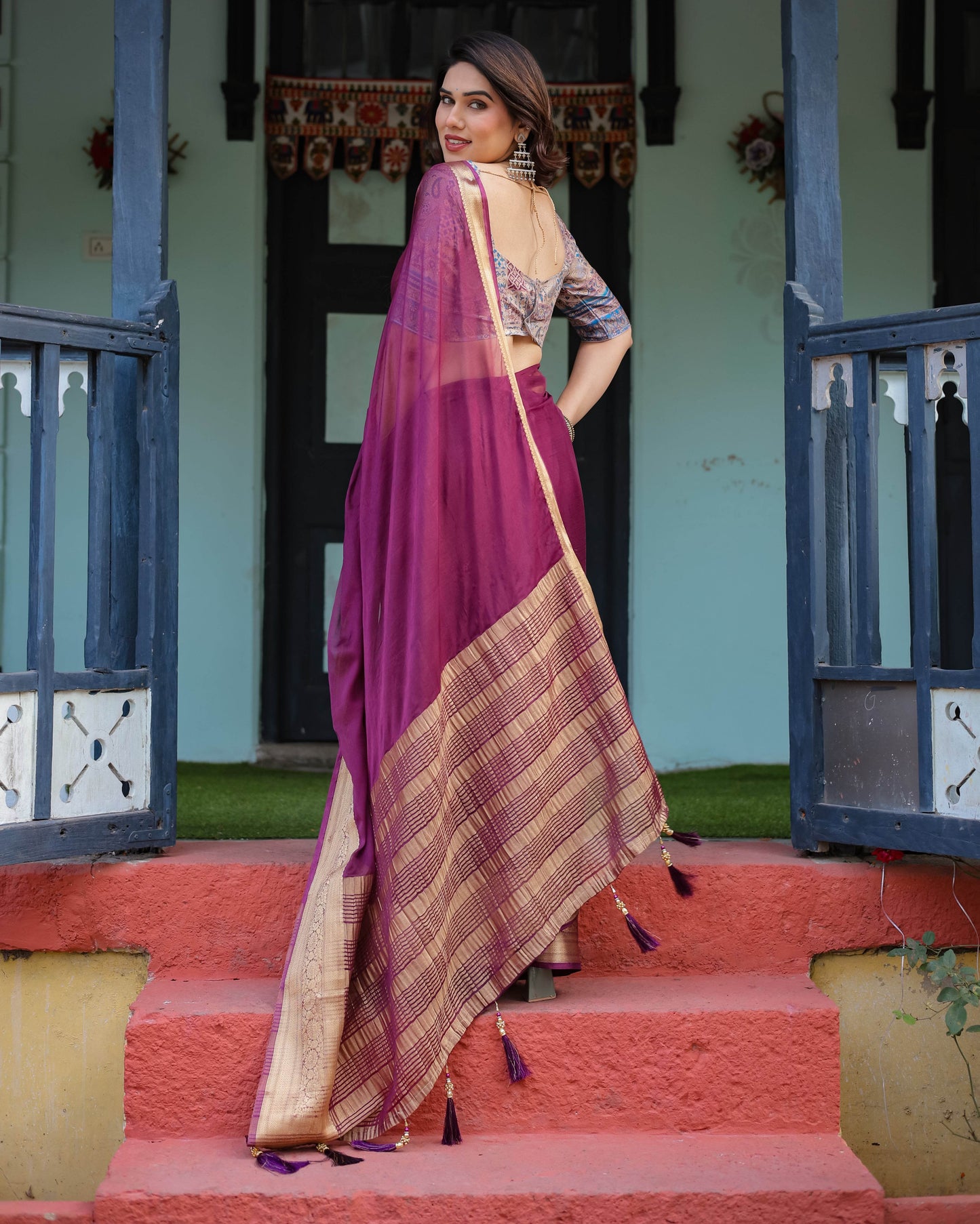 Majestic Plum Plain Chiffon Saree with Gold Zari Border, Printed Designer Blouse & Tassel Detailing - SEEANS