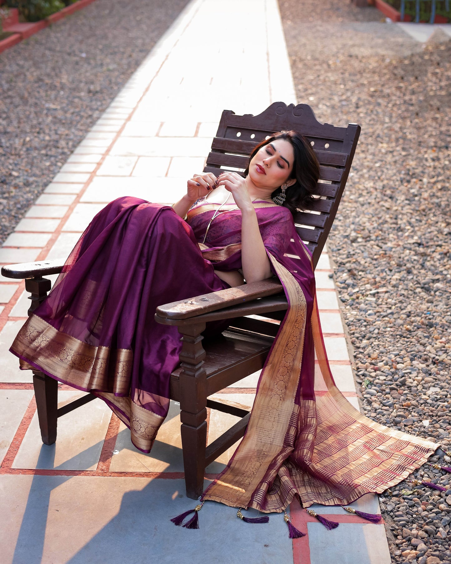 Majestic Plum Plain Chiffon Saree with Gold Zari Border, Printed Designer Blouse & Tassel Detailing - SEEANS