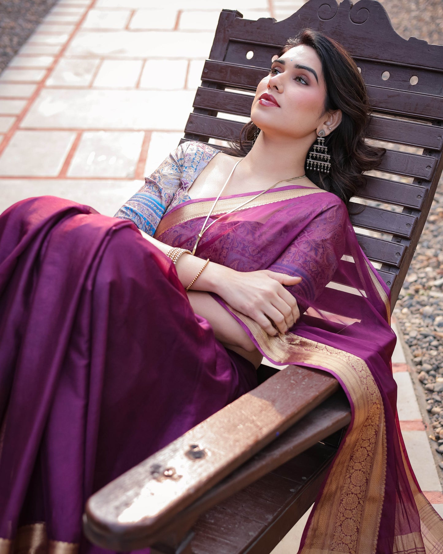 Majestic Plum Plain Chiffon Saree with Gold Zari Border, Printed Designer Blouse & Tassel Detailing - SEEANS