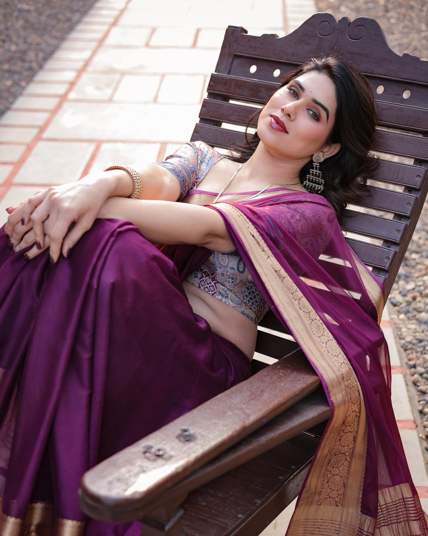 Majestic Plum Plain Chiffon Saree with Gold Zari Border, Printed Designer Blouse & Tassel Detailing - SEEANS