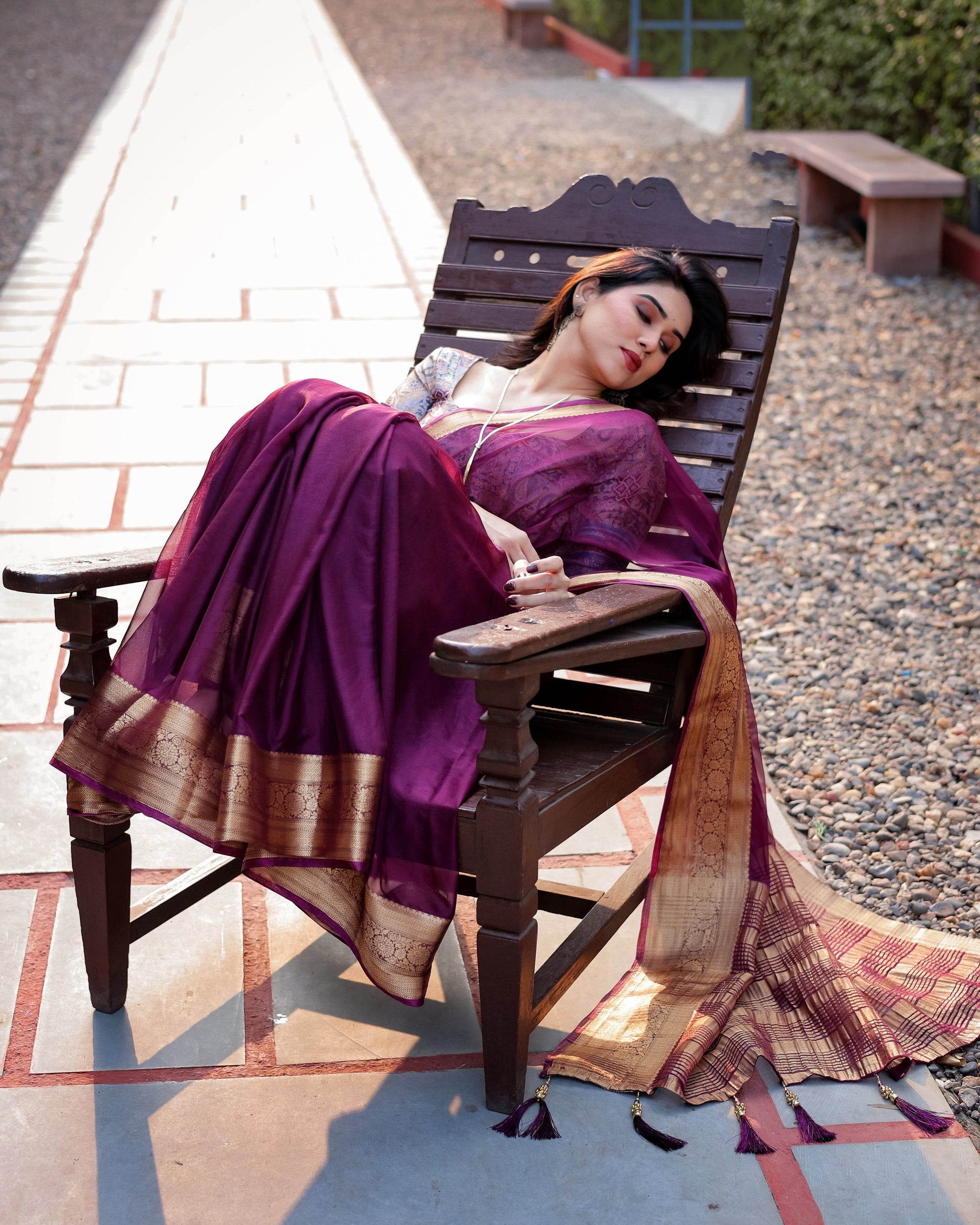 Majestic Plum Plain Chiffon Saree with Gold Zari Border, Printed Designer Blouse & Tassel Detailing - SEEANS