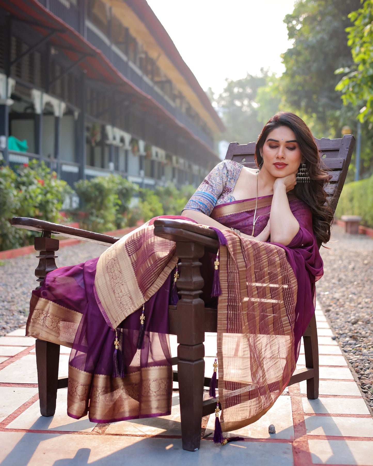 Majestic Plum Plain Chiffon Saree with Gold Zari Border, Printed Designer Blouse & Tassel Detailing - SEEANS