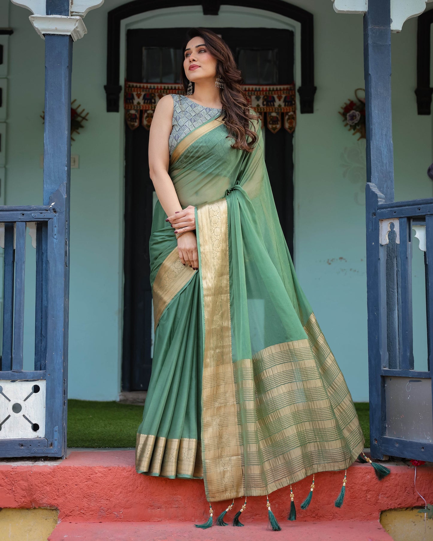 Mint Green Plain Chiffon Saree with Gold Zari Border, Geometric Printed Blouse & Tassel Detailing - SEEANS