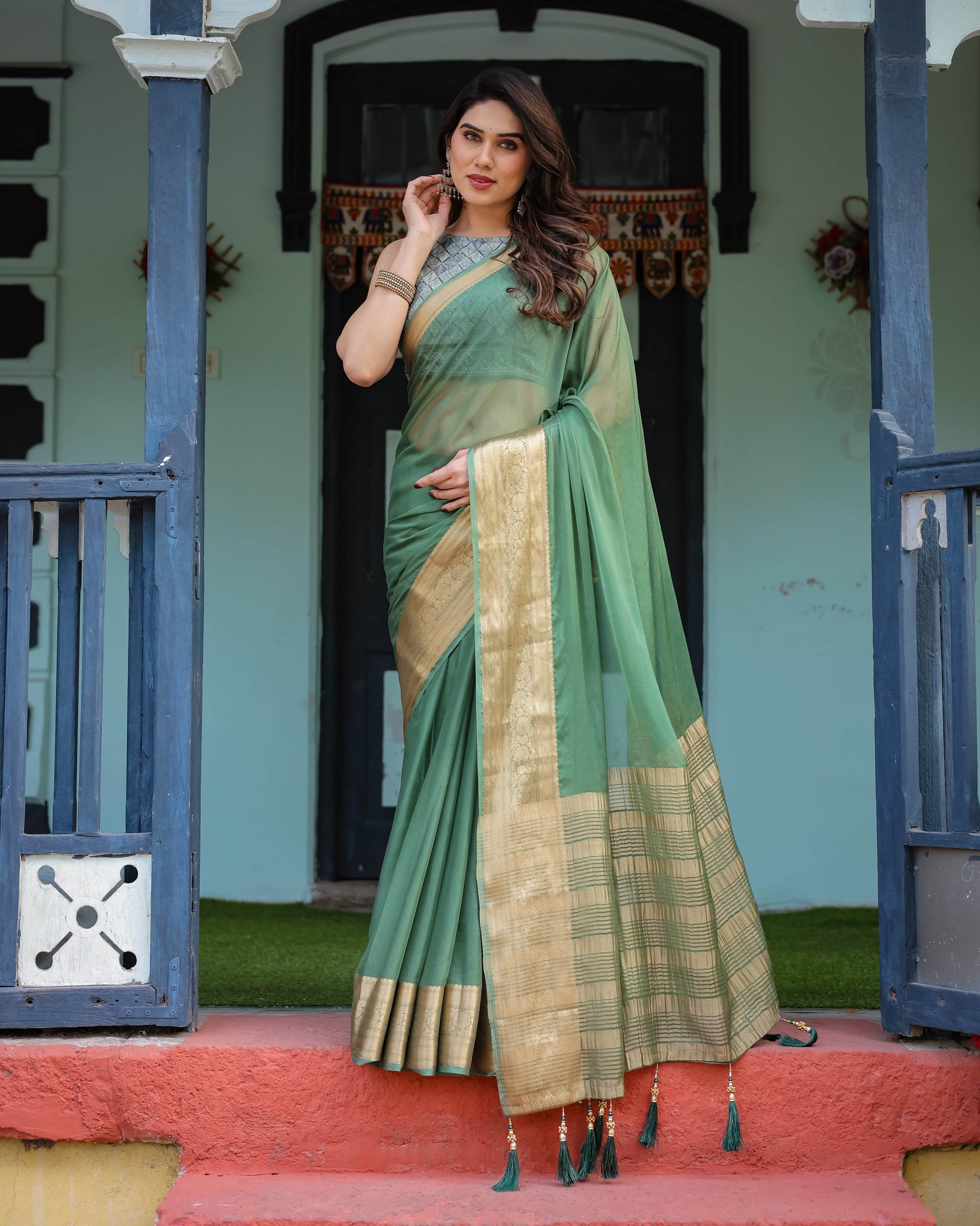 Mint Green Plain Chiffon Saree with Gold Zari Border, Geometric Printed Blouse & Tassel Detailing - SEEANS