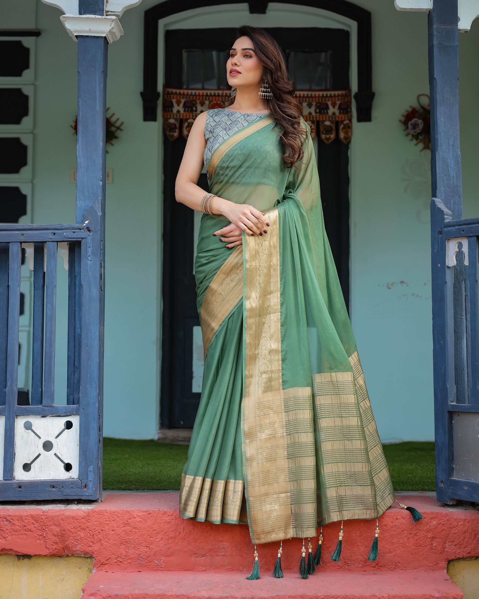 Mint Green Plain Chiffon Saree with Gold Zari Border, Geometric Printed Blouse & Tassel Detailing - SEEANS