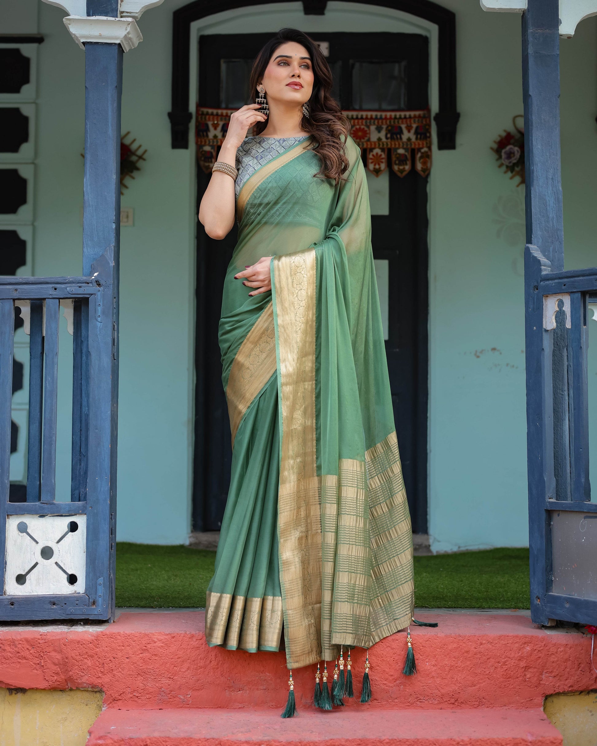 Mint Green Plain Chiffon Saree with Gold Zari Border, Geometric Printed Blouse & Tassel Detailing - SEEANS