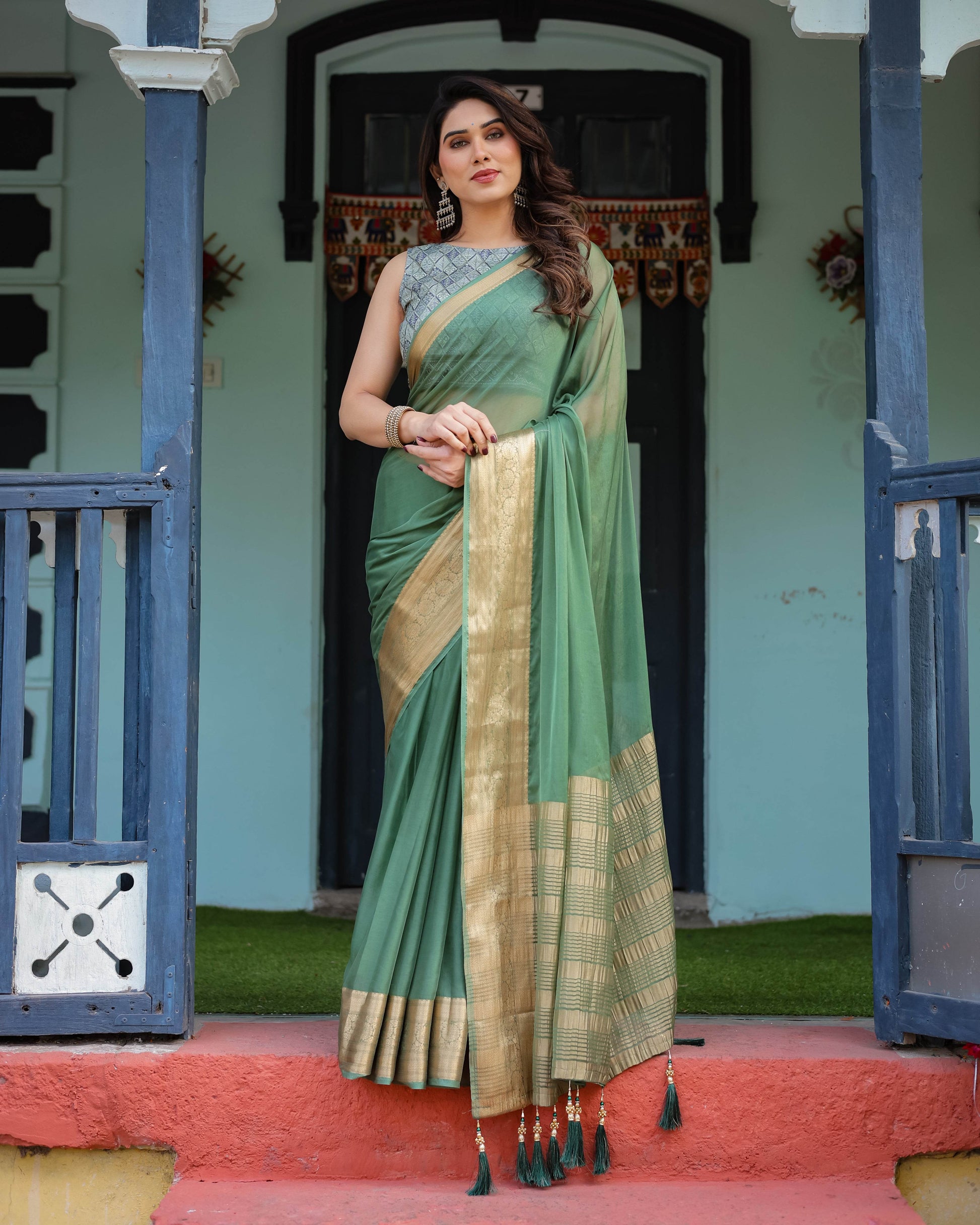 Mint Green Plain Chiffon Saree with Gold Zari Border, Geometric Printed Blouse & Tassel Detailing - SEEANS