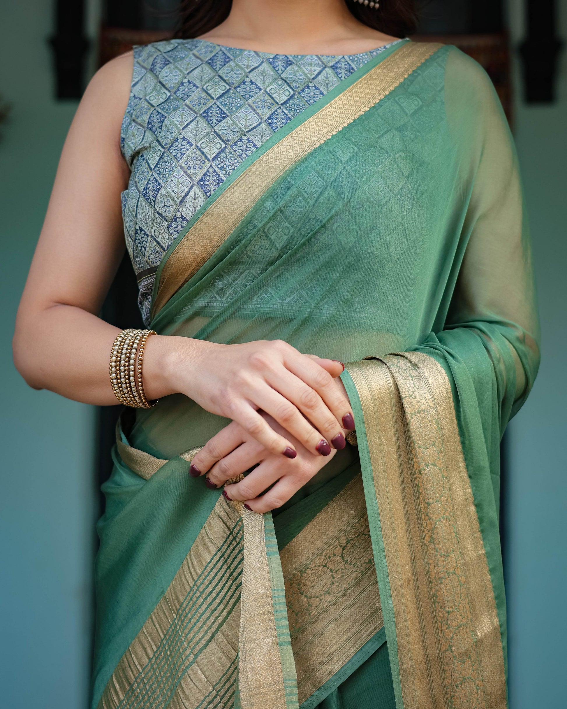 Mint Green Plain Chiffon Saree with Gold Zari Border, Geometric Printed Blouse & Tassel Detailing - SEEANS