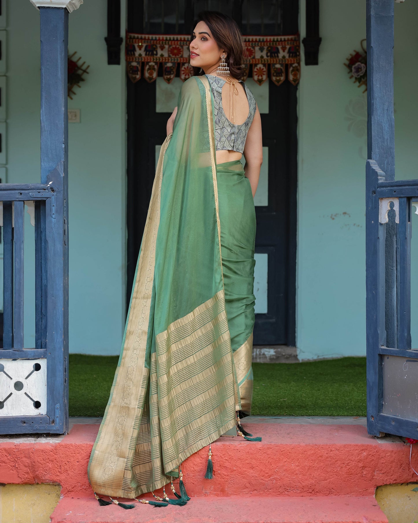 Mint Green Plain Chiffon Saree with Gold Zari Border, Geometric Printed Blouse & Tassel Detailing - SEEANS