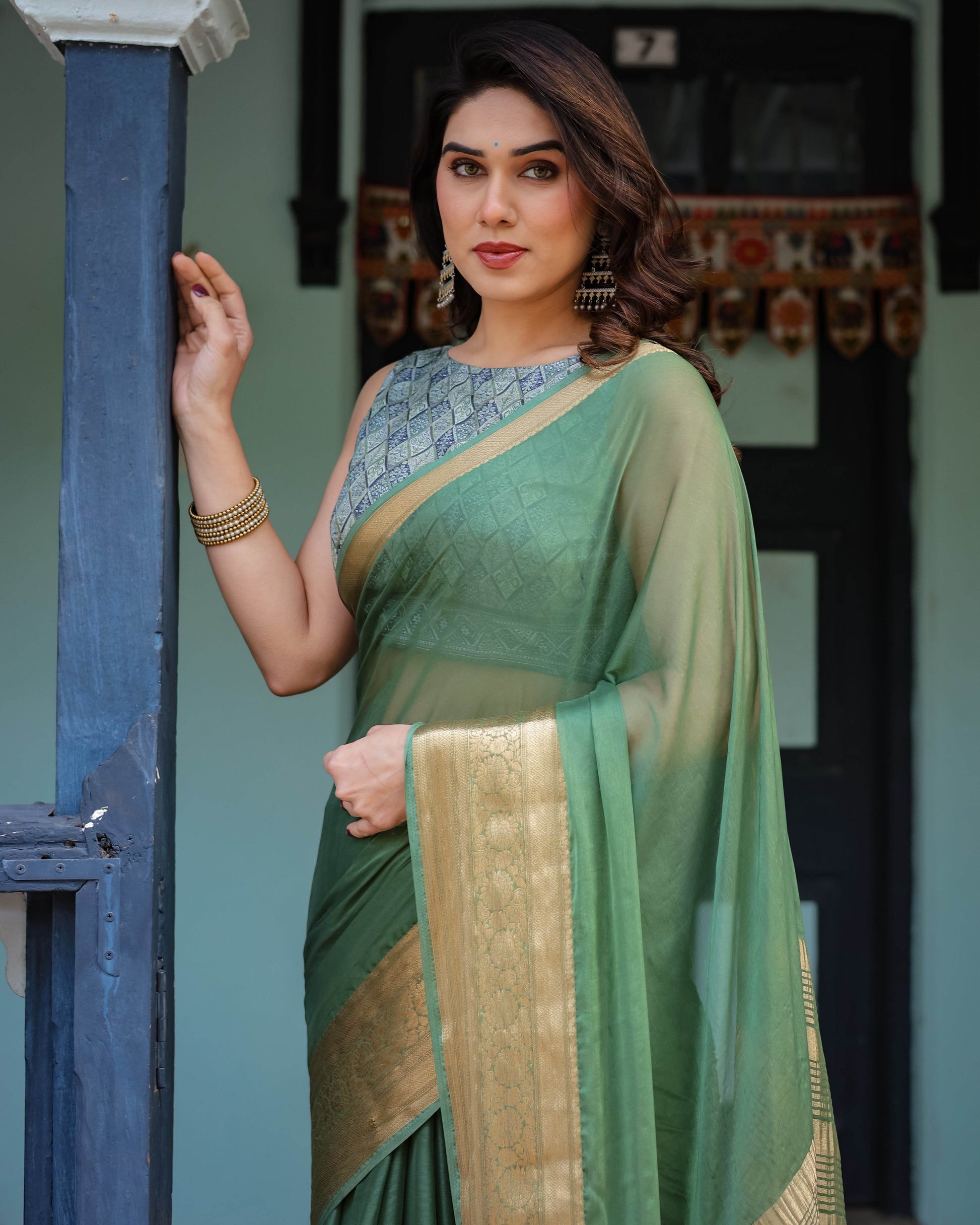 Mint Green Plain Chiffon Saree with Gold Zari Border, Geometric Printed Blouse & Tassel Detailing - SEEANS