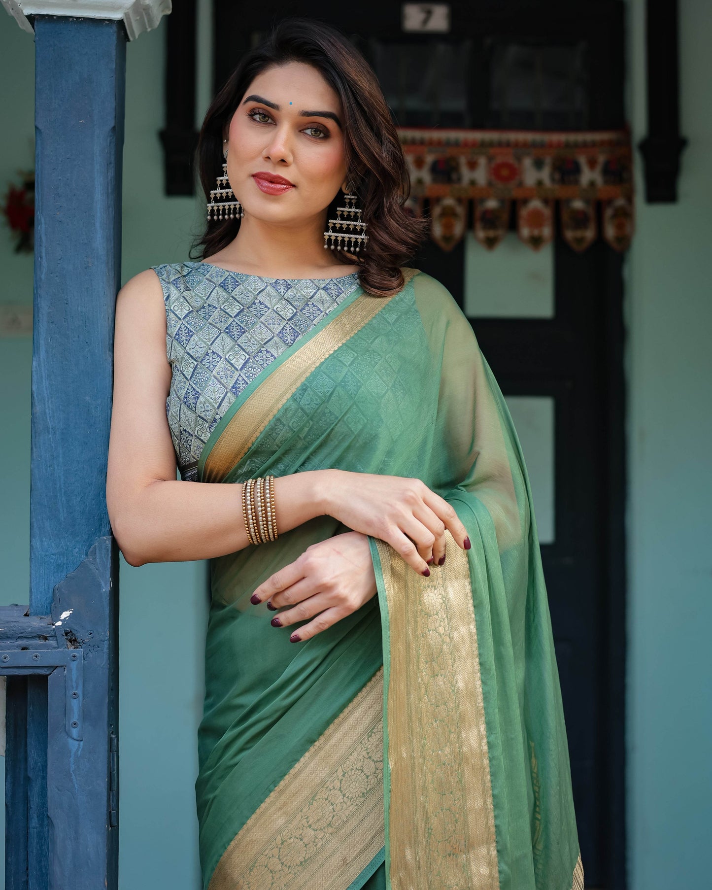 Mint Green Plain Chiffon Saree with Gold Zari Border, Geometric Printed Blouse & Tassel Detailing - SEEANS