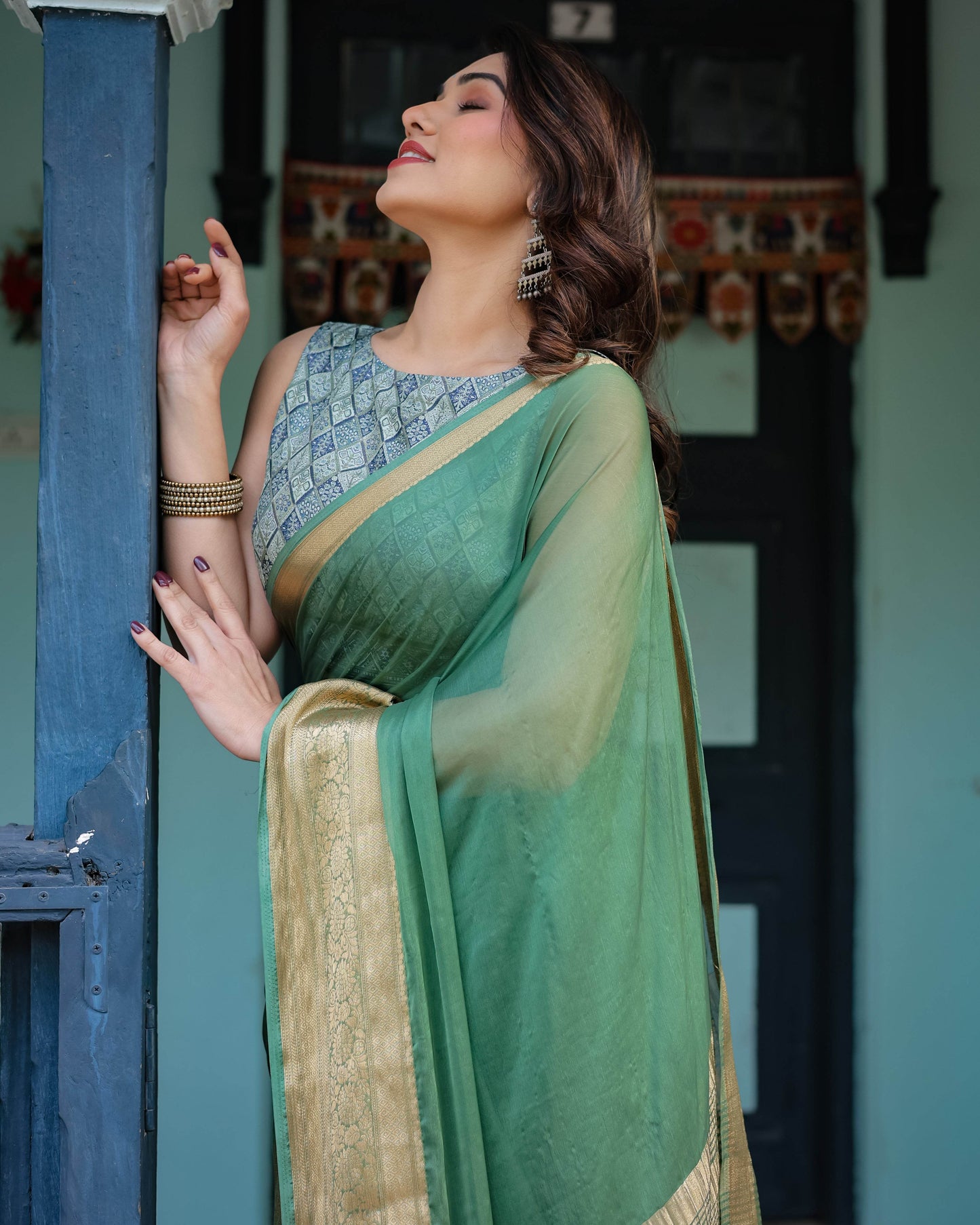 Mint Green Plain Chiffon Saree with Gold Zari Border, Geometric Printed Blouse & Tassel Detailing - SEEANS