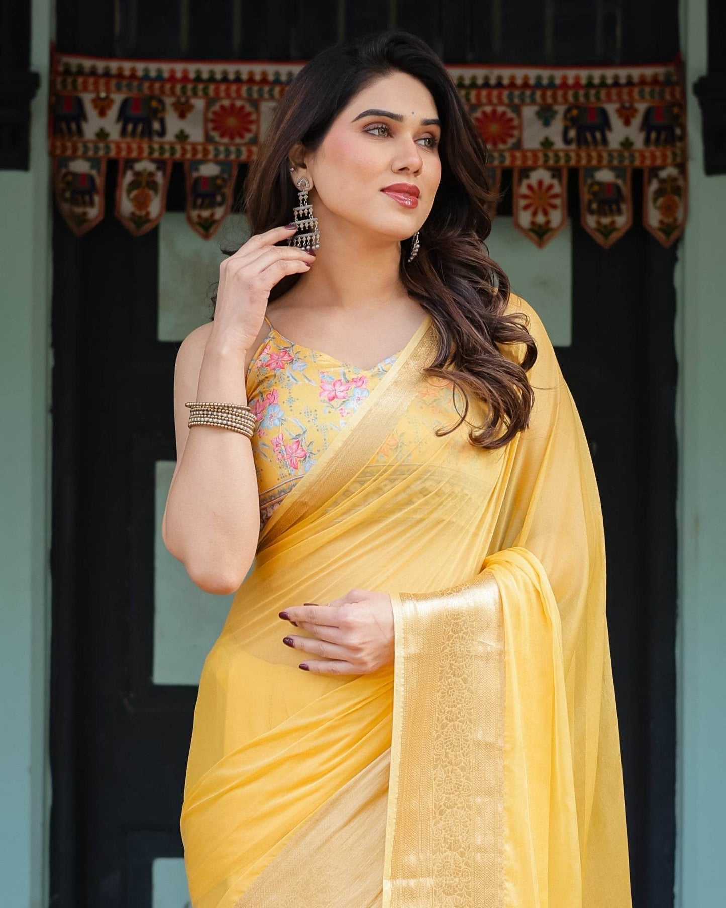 Golden Yellow Plain Chiffon Saree with Gold Zari Border, Floral Printed Blouse & Tassel Detailing - SEEANS