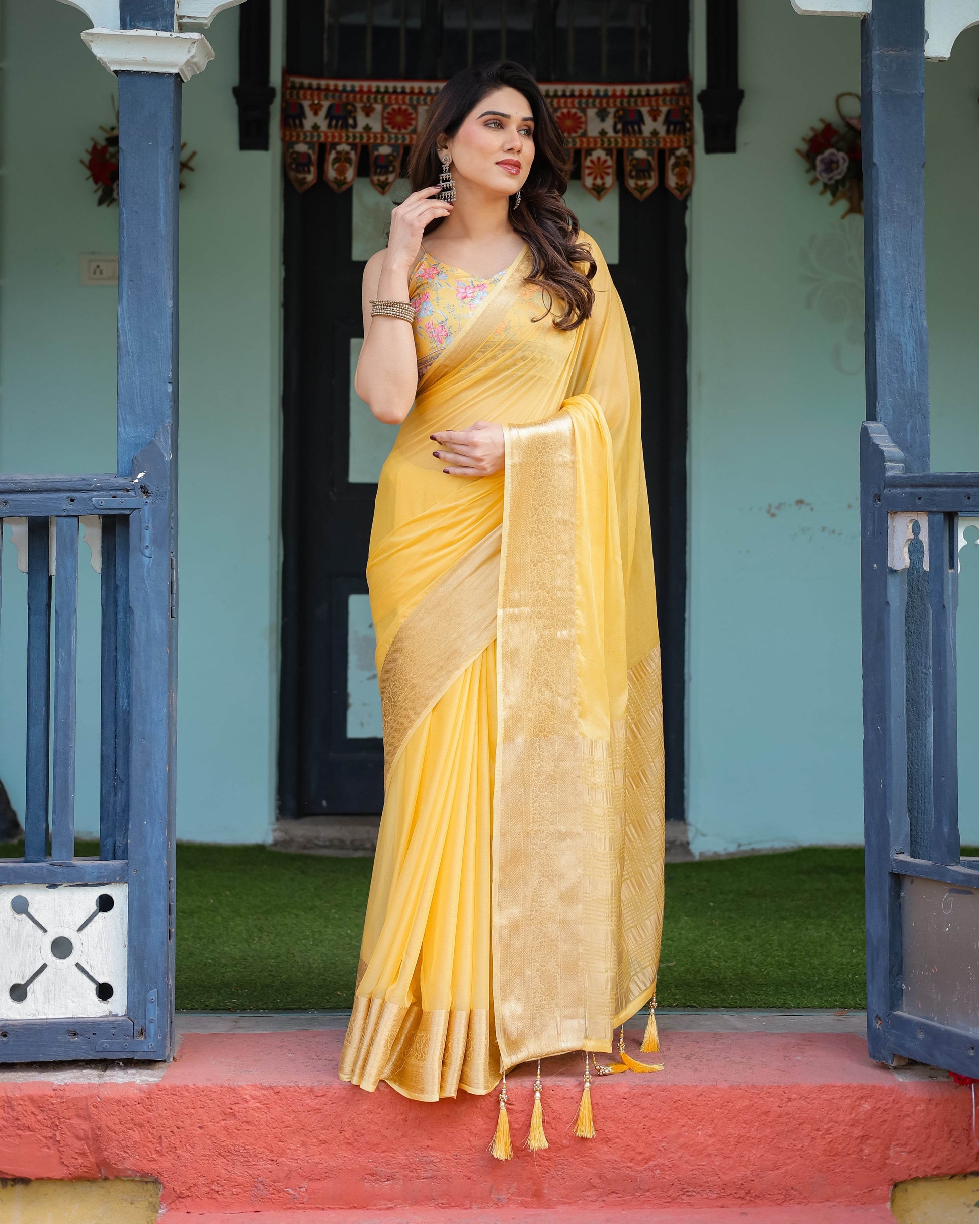 Golden Yellow Plain Chiffon Saree with Gold Zari Border, Floral Printed Blouse & Tassel Detailing - SEEANS