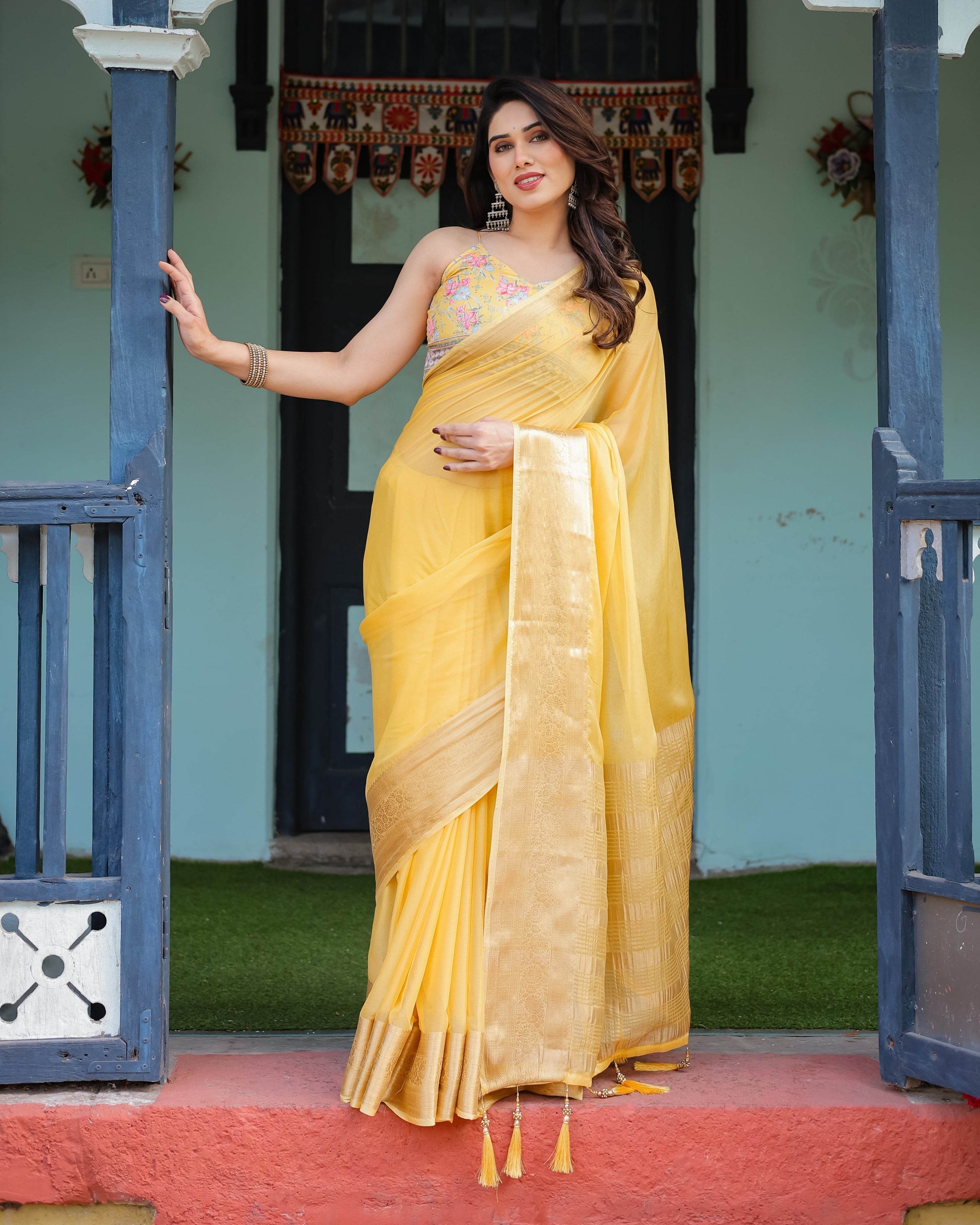 Golden Yellow Plain Chiffon Saree with Gold Zari Border, Floral Printed Blouse & Tassel Detailing - SEEANS