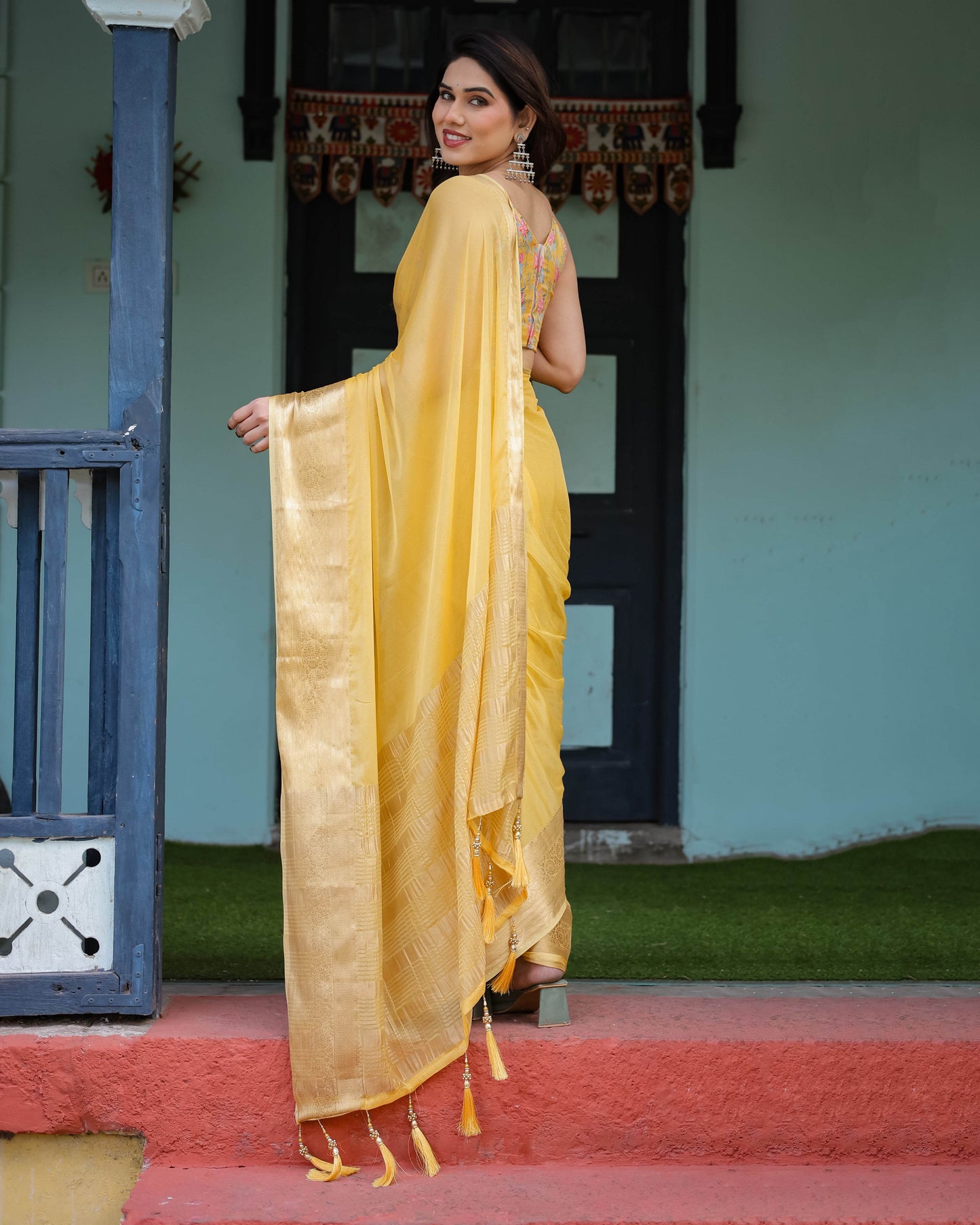 Golden Yellow Plain Chiffon Saree with Gold Zari Border, Floral Printed Blouse & Tassel Detailing - SEEANS