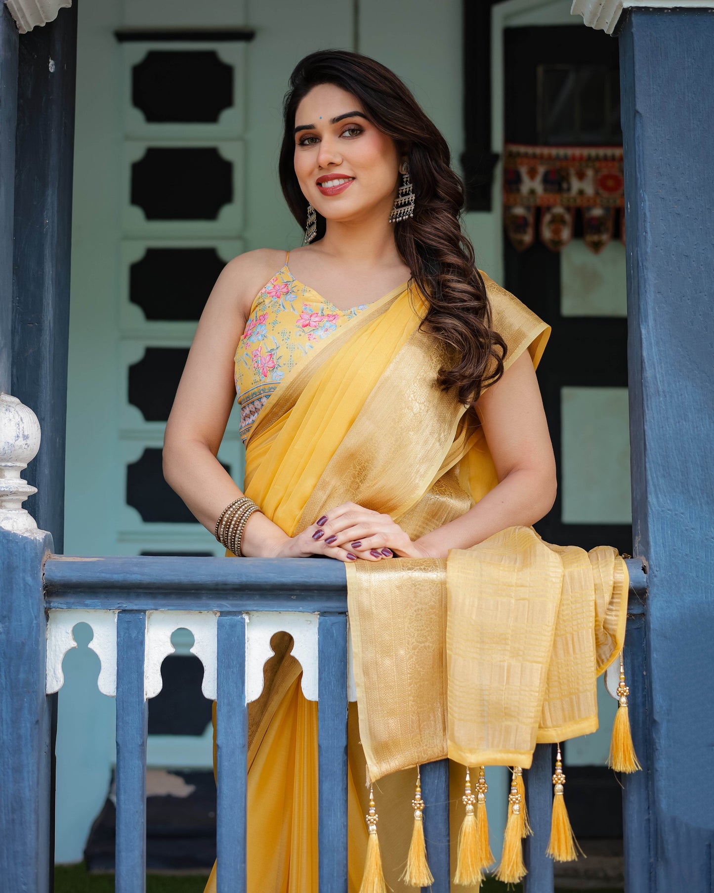 Golden Yellow Plain Chiffon Saree with Gold Zari Border, Floral Printed Blouse & Tassel Detailing - SEEANS