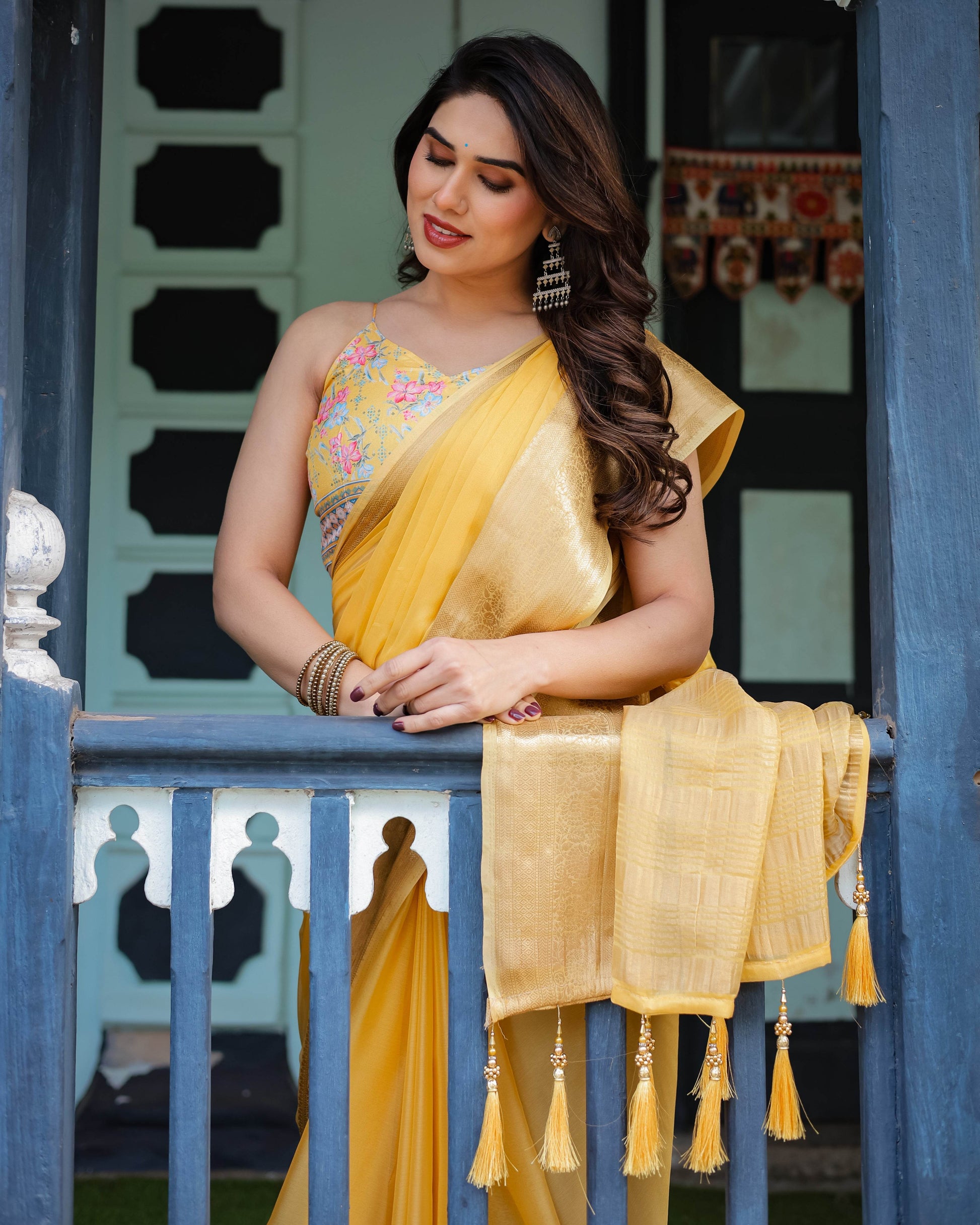 Golden Yellow Plain Chiffon Saree with Gold Zari Border, Floral Printed Blouse & Tassel Detailing - SEEANS