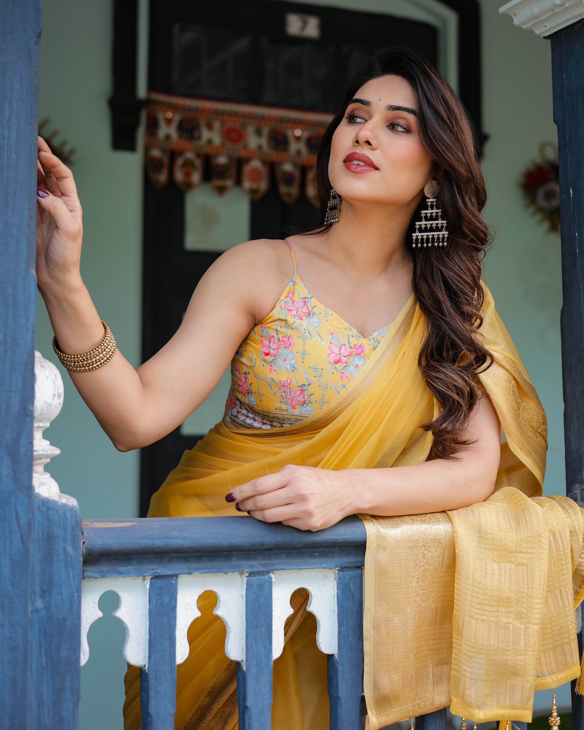 Golden Yellow Plain Chiffon Saree with Gold Zari Border, Floral Printed Blouse & Tassel Detailing - SEEANS