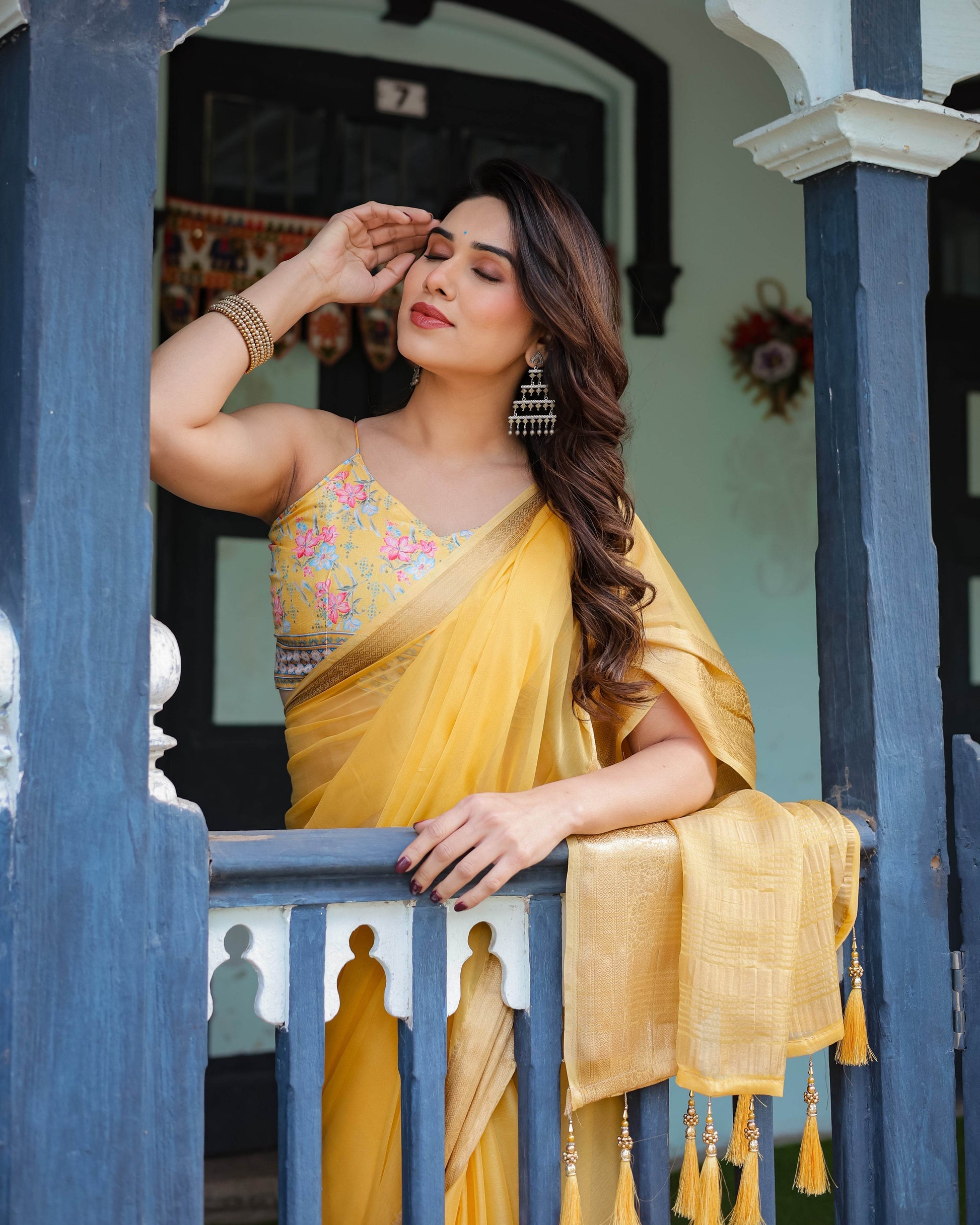 Golden Yellow Plain Chiffon Saree with Gold Zari Border, Floral Printed Blouse & Tassel Detailing - SEEANS