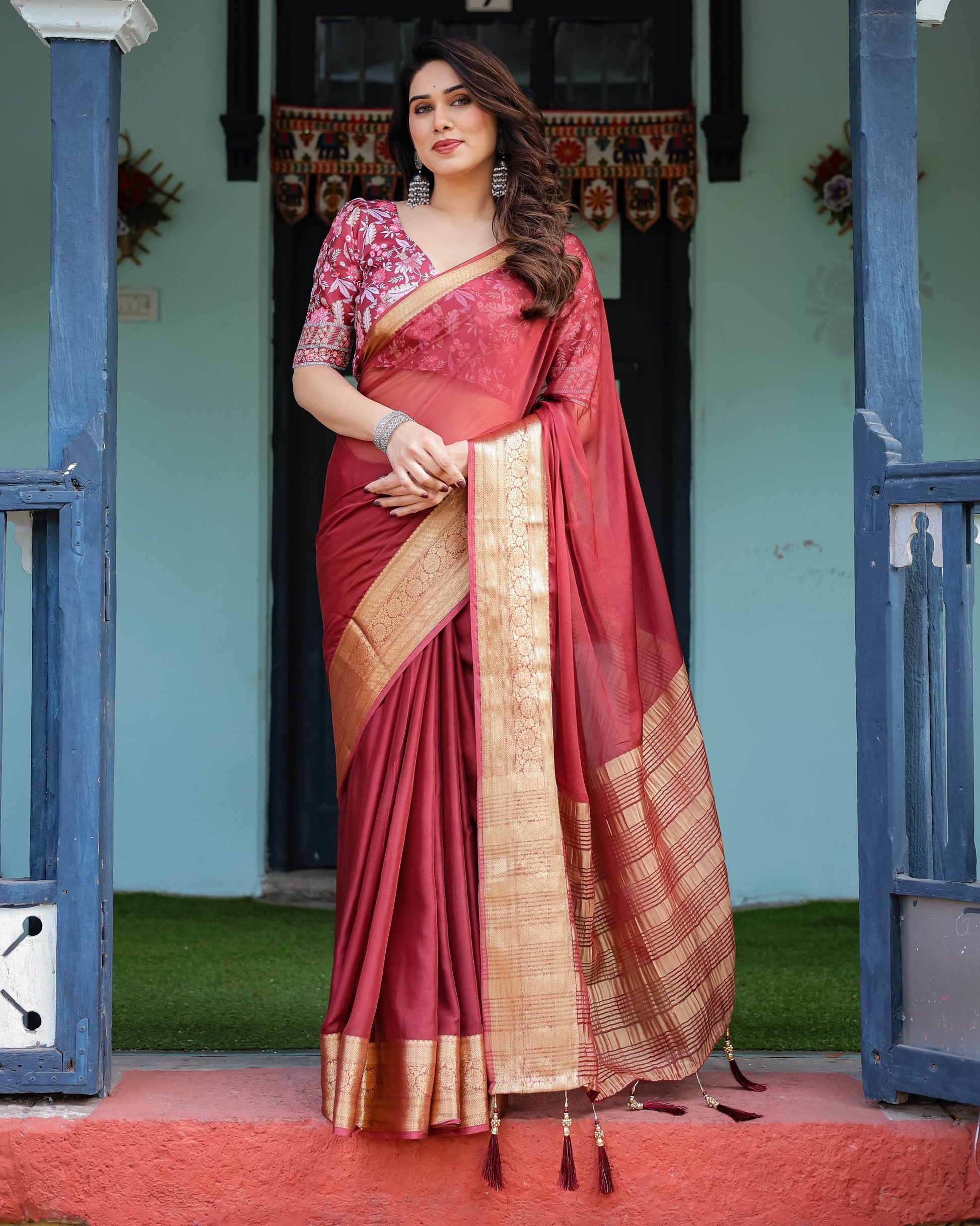 Elegant Maroon Plain Chiffon Saree with Gold Border, Printed Blouse & Tassel Detailing - SEEANS