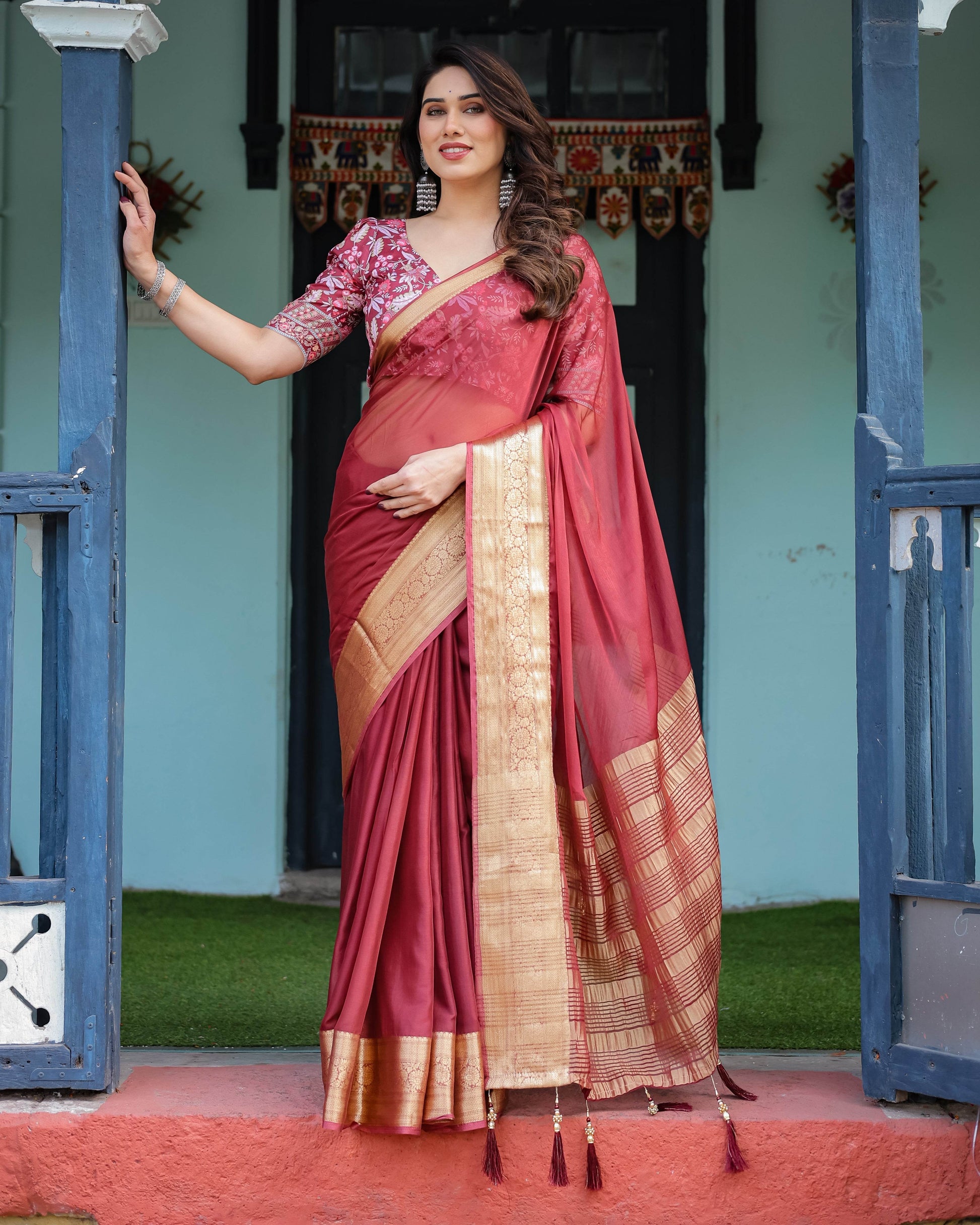 Elegant Maroon Plain Chiffon Saree with Gold Border, Printed Blouse & Tassel Detailing - SEEANS