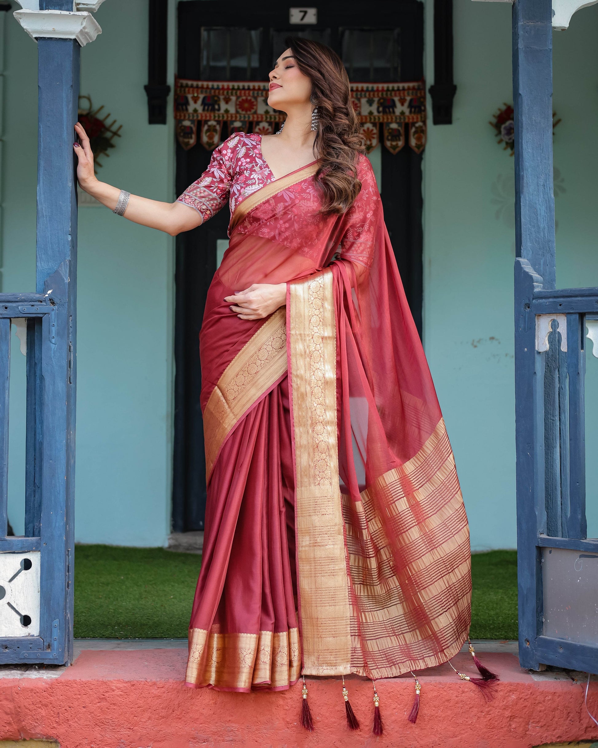 Elegant Maroon Plain Chiffon Saree with Gold Border, Printed Blouse & Tassel Detailing - SEEANS