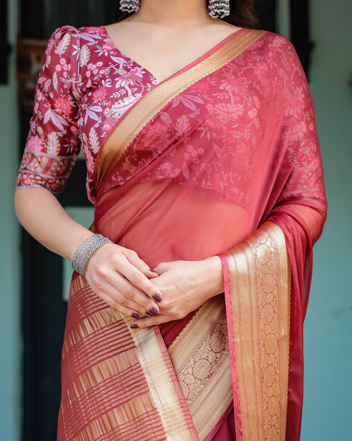 Elegant Maroon Plain Chiffon Saree with Gold Border, Printed Blouse & Tassel Detailing - SEEANS