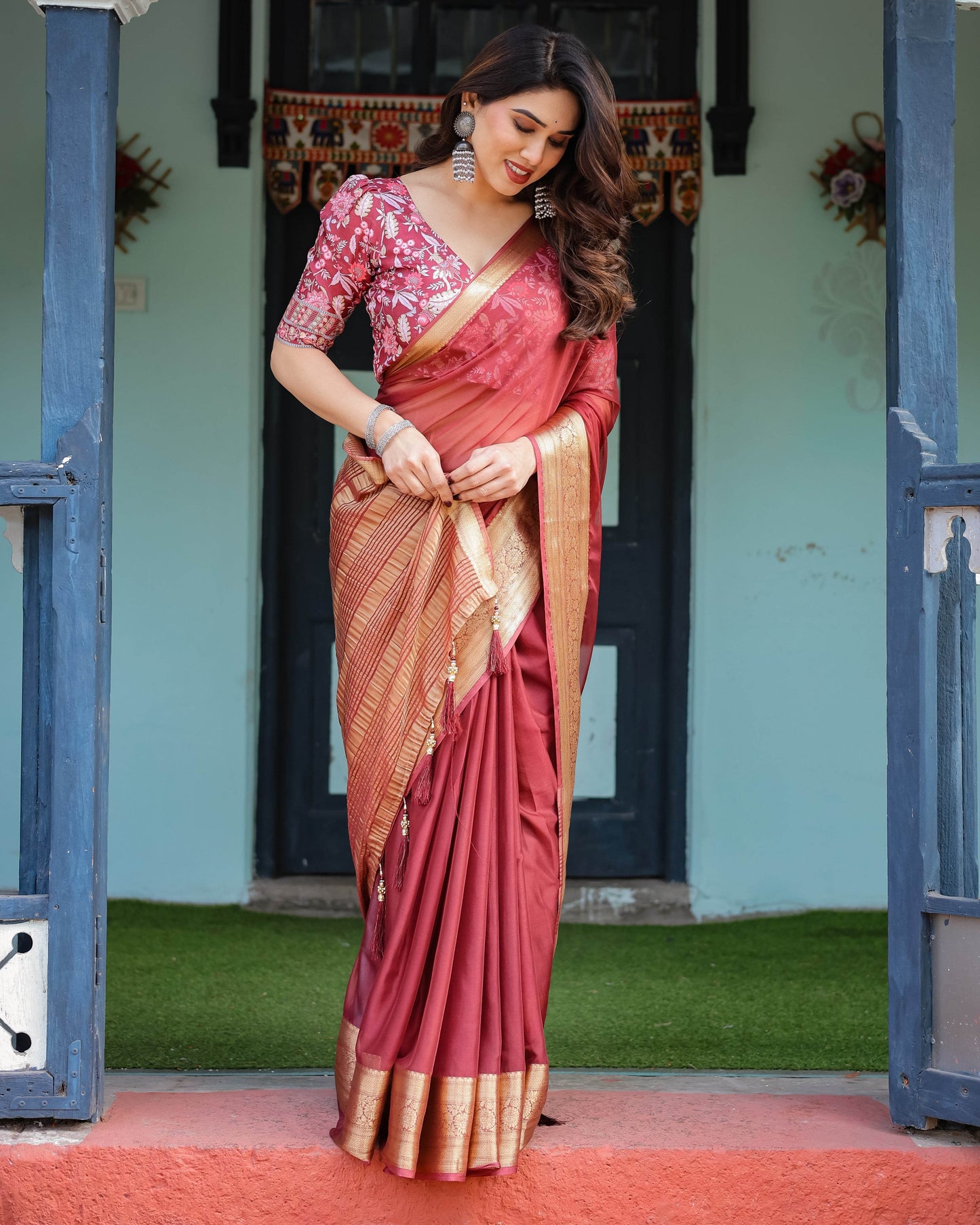 Elegant Maroon Plain Chiffon Saree with Gold Border, Printed Blouse & Tassel Detailing - SEEANS