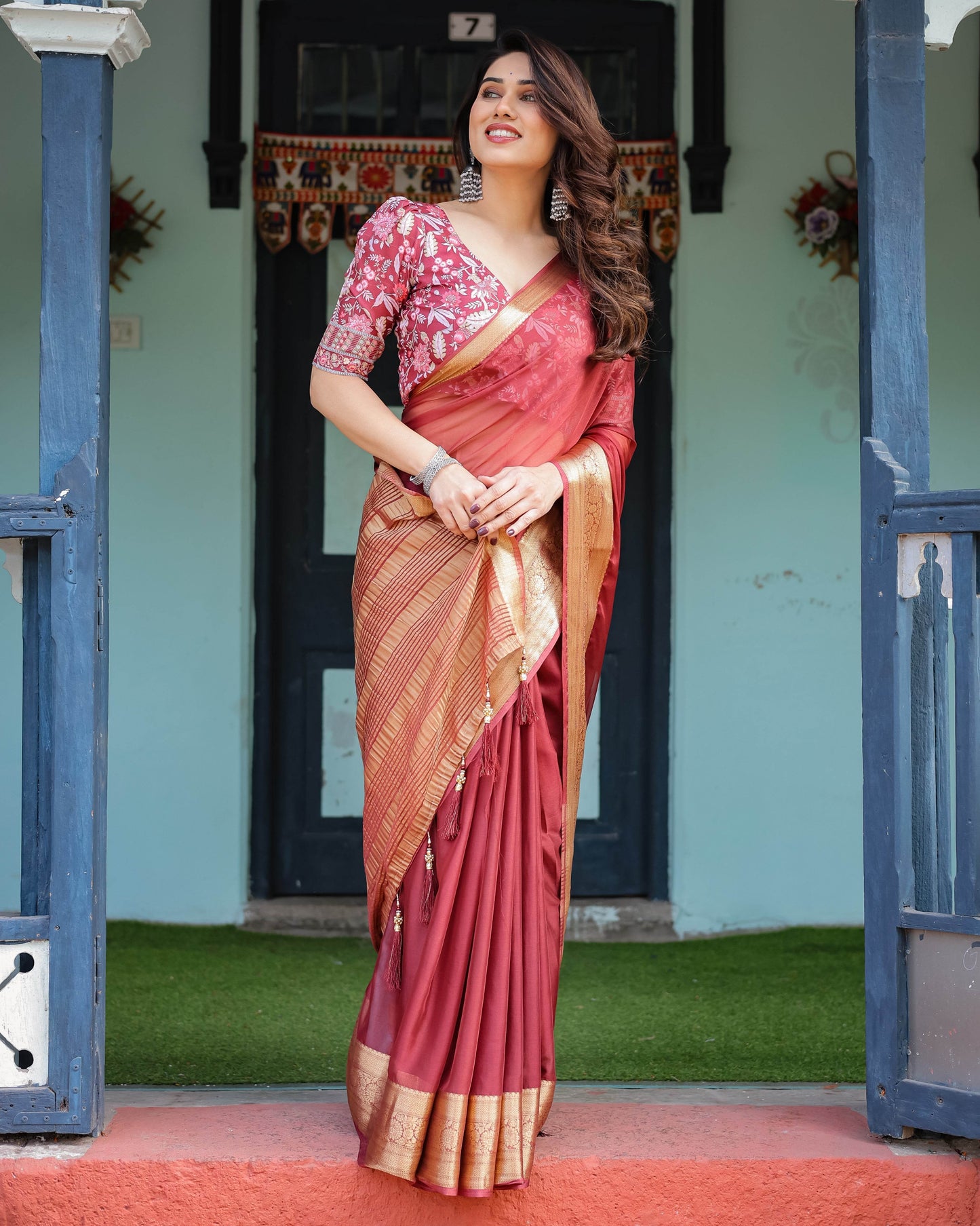 Elegant Maroon Plain Chiffon Saree with Gold Border, Printed Blouse & Tassel Detailing - SEEANS