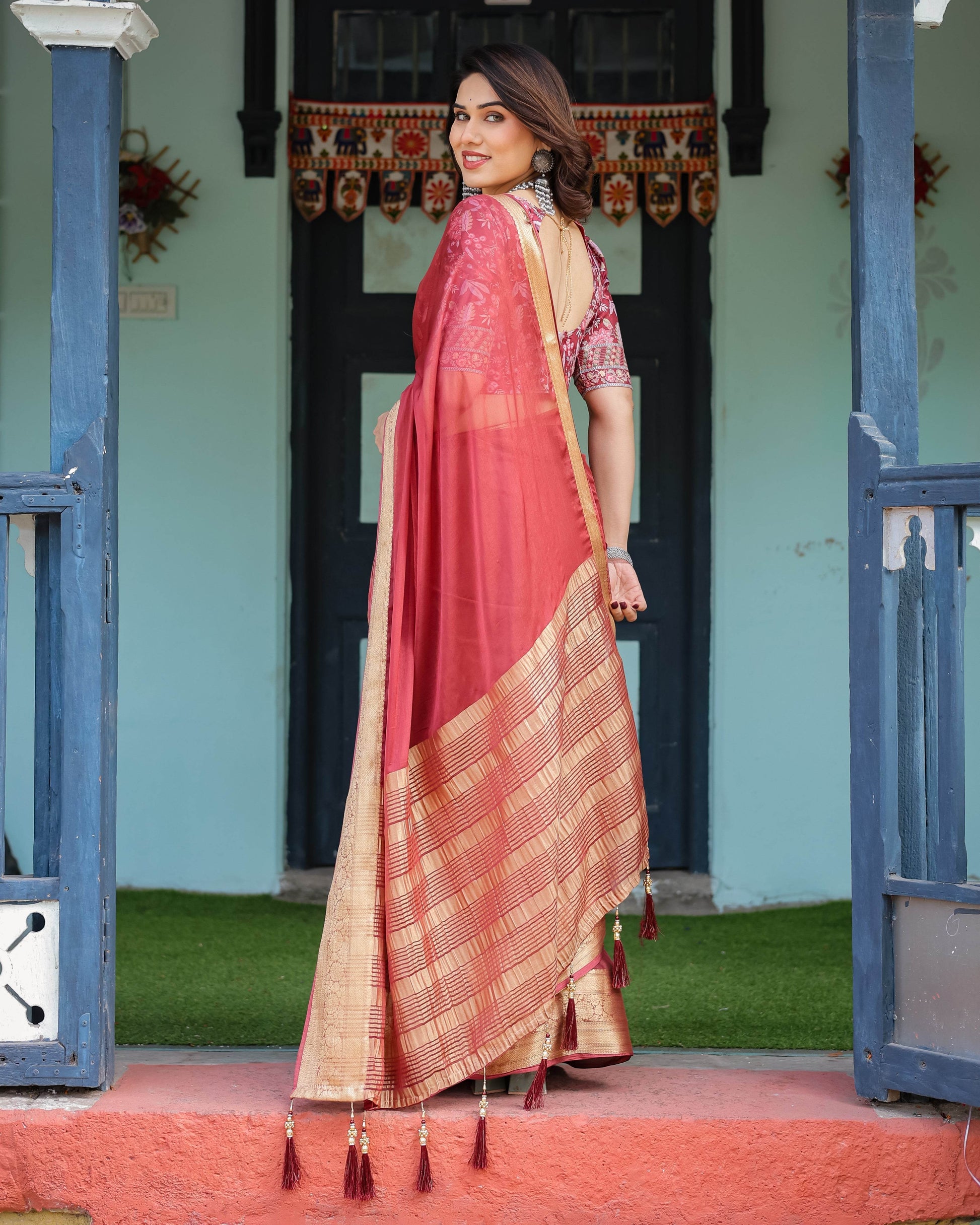 Elegant Maroon Plain Chiffon Saree with Gold Border, Printed Blouse & Tassel Detailing - SEEANS