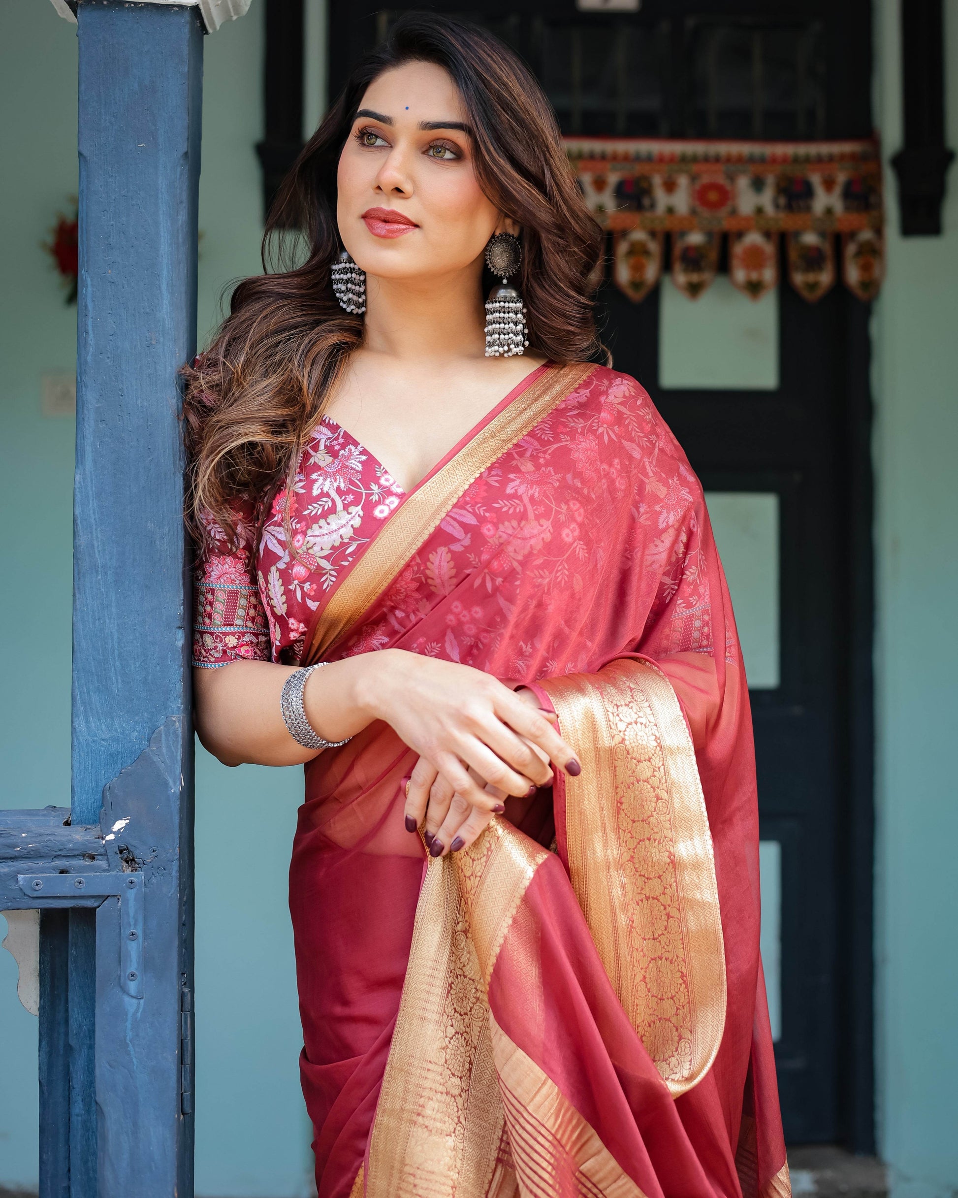 Elegant Maroon Plain Chiffon Saree with Gold Border, Printed Blouse & Tassel Detailing - SEEANS