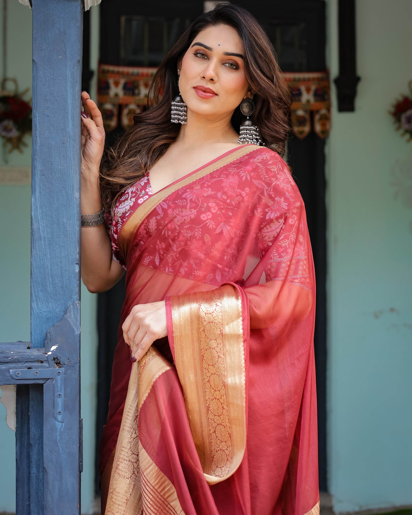 Elegant Maroon Plain Chiffon Saree with Gold Border, Printed Blouse & Tassel Detailing - SEEANS