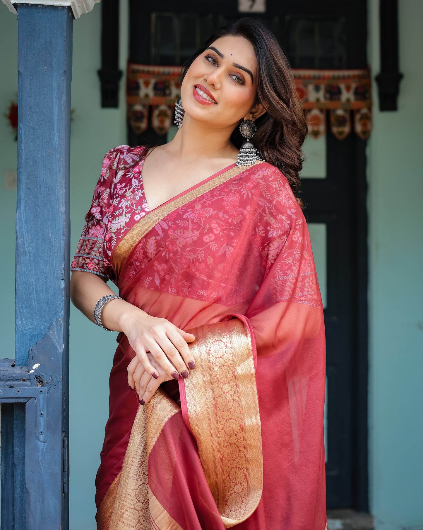 Elegant Maroon Plain Chiffon Saree with Gold Border, Printed Blouse & Tassel Detailing - SEEANS